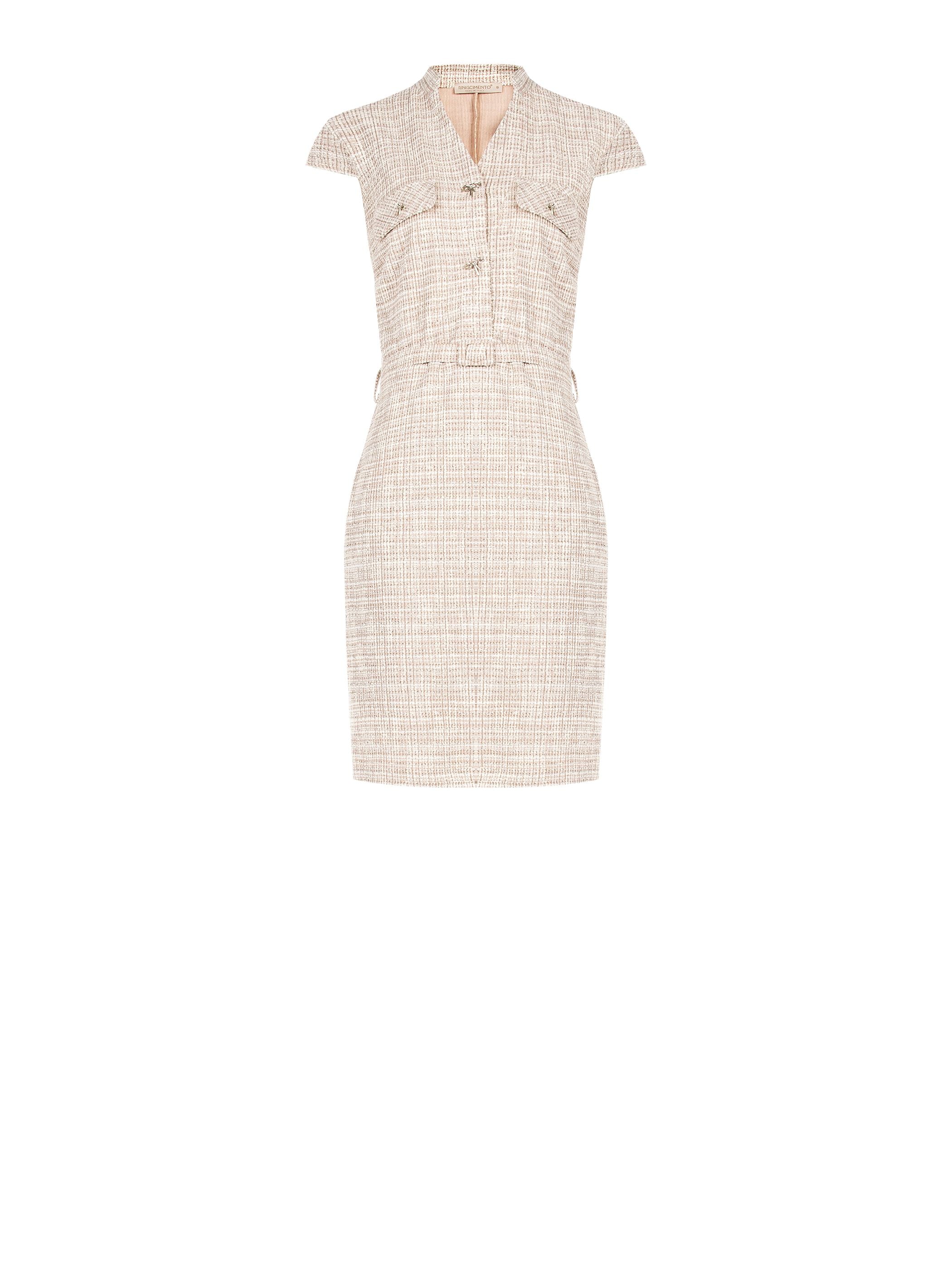 Abito a tubino beige chiaro in tweed con cintura - Image 5