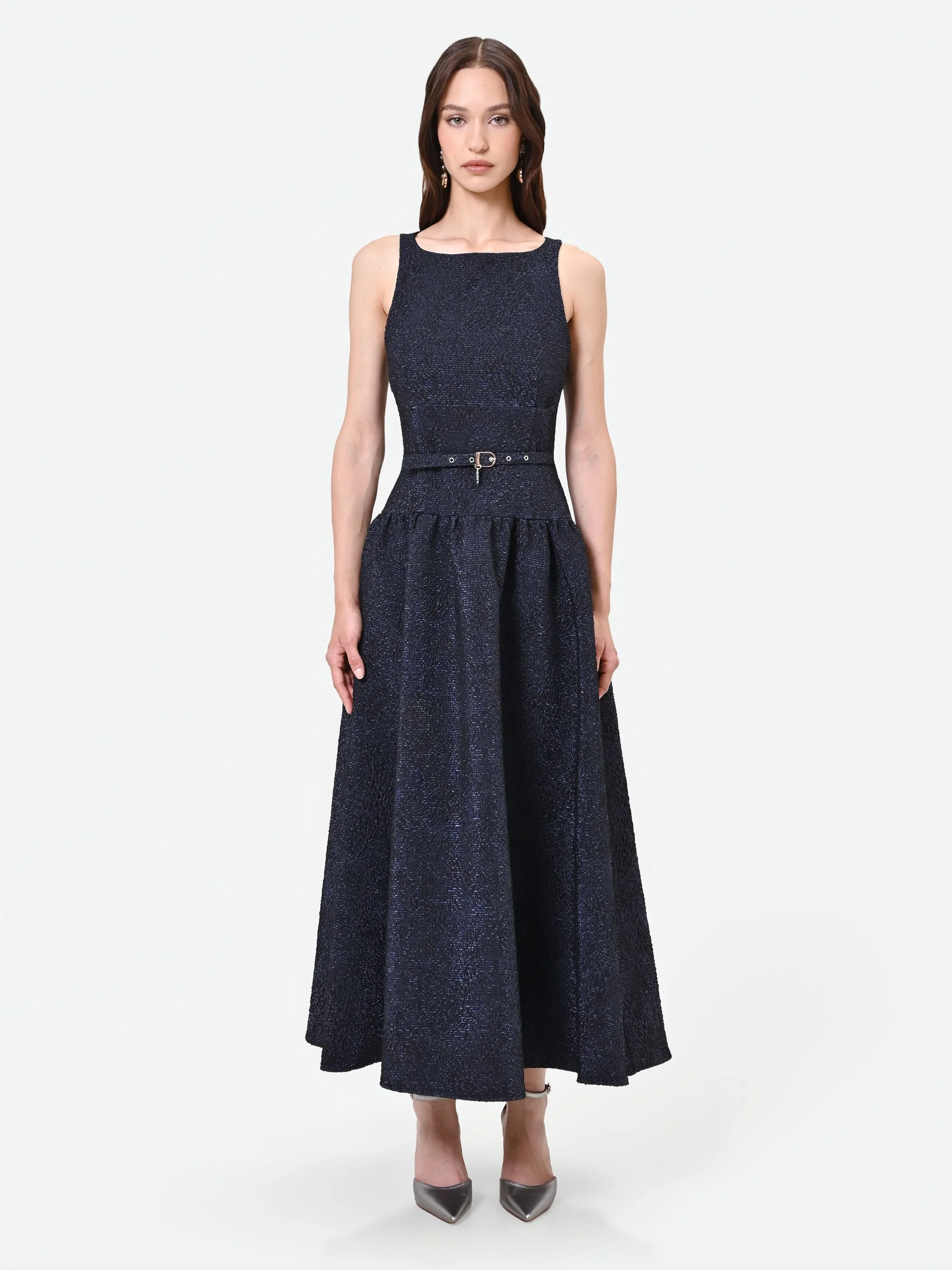 Abito blu navy jacquard con gonna ampia - Image 3
