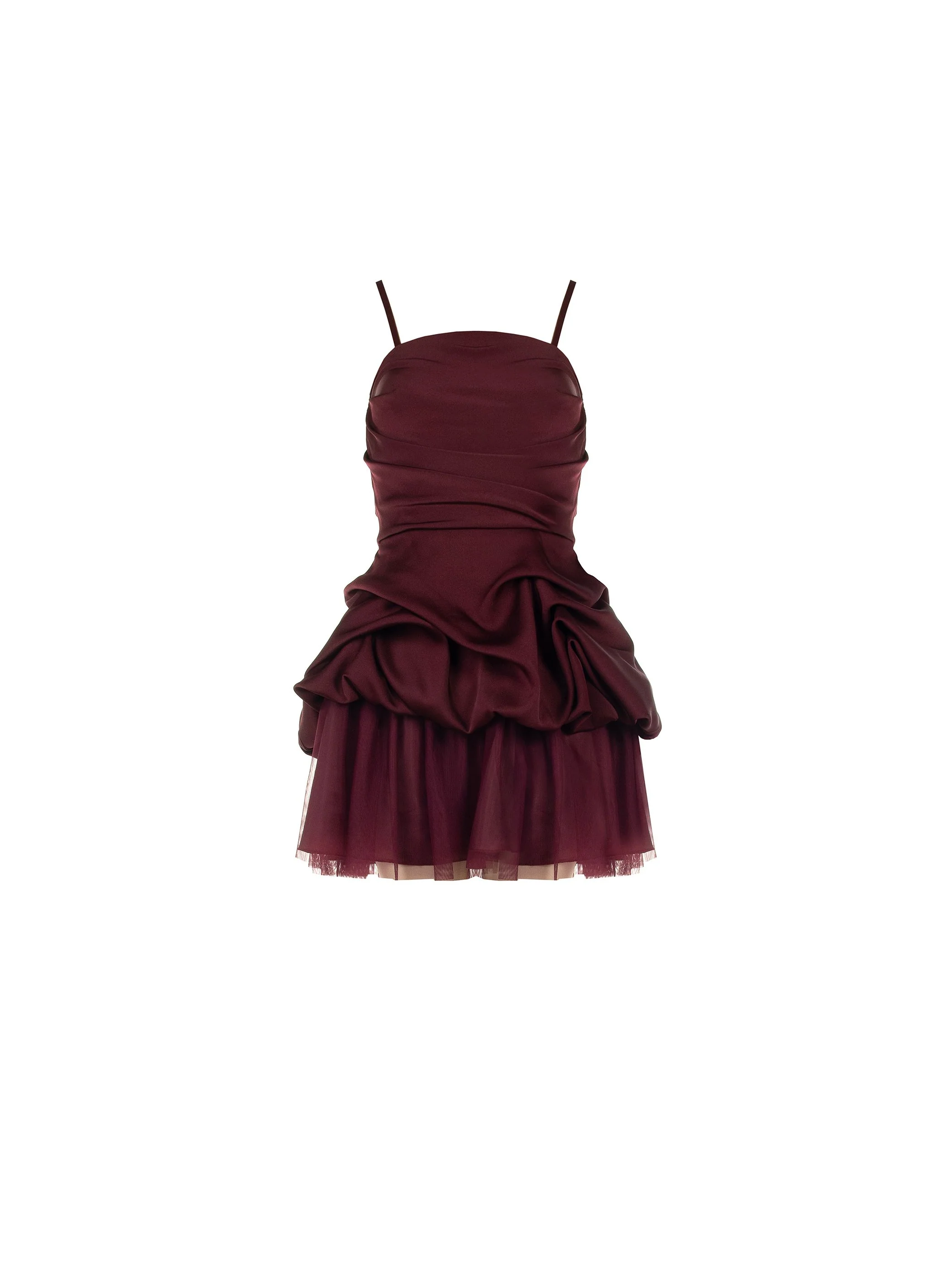 Abito corto rosso bordeaux drappeggiato in raso - Image 5