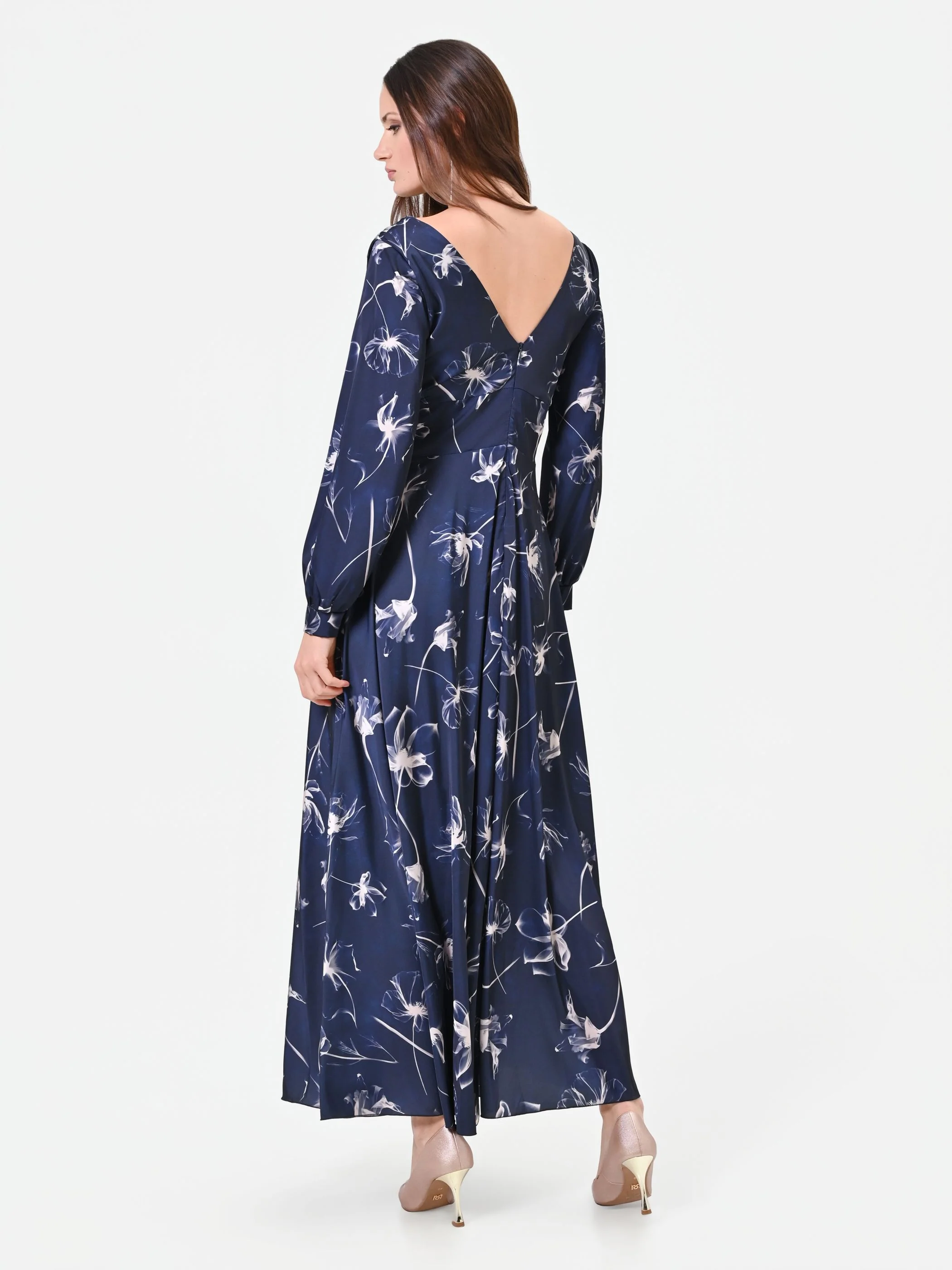 Abito lungo blu navy a fantasia floreale - Image 2