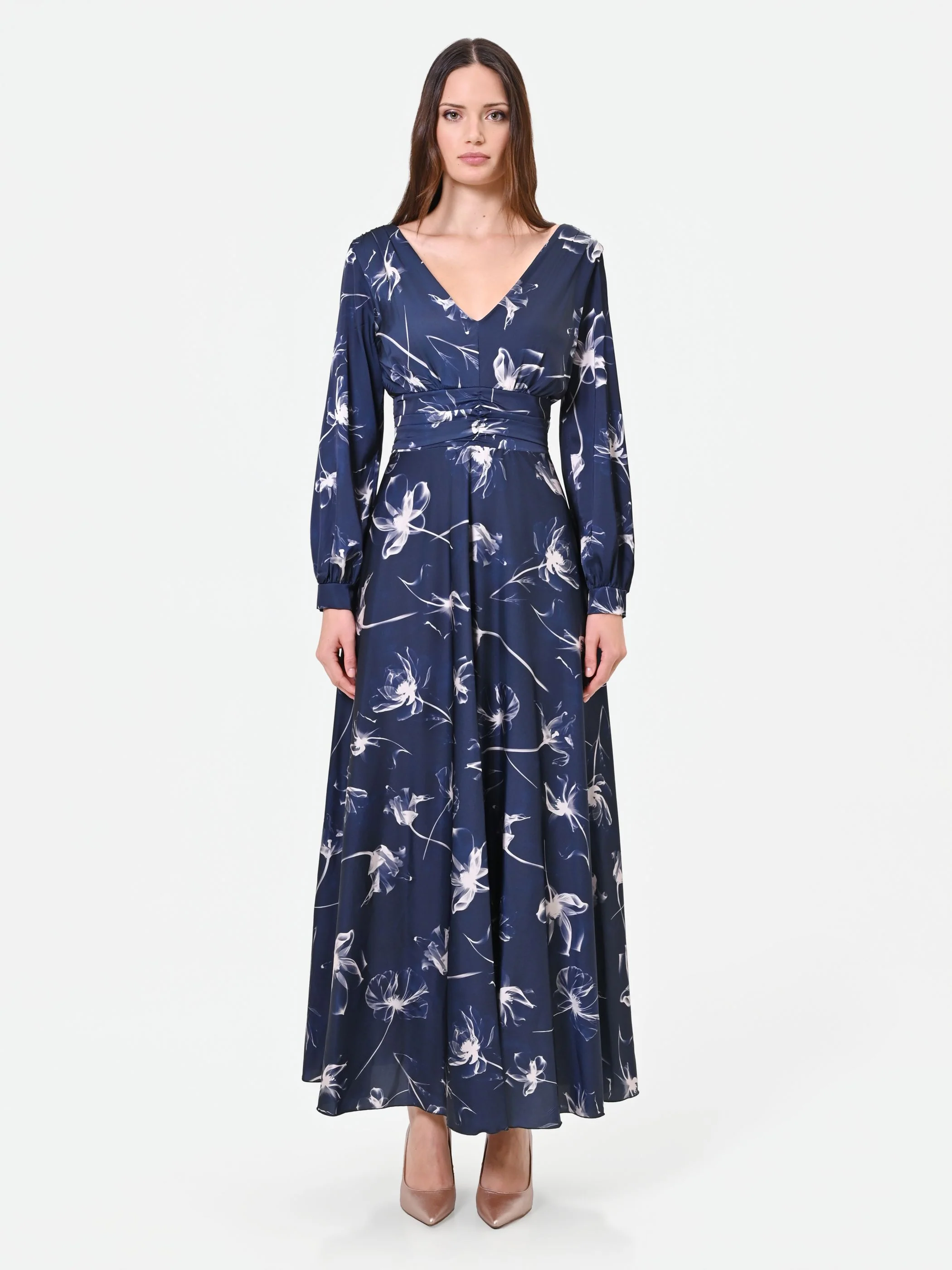 Abito lungo blu navy a fantasia floreale - Image 3
