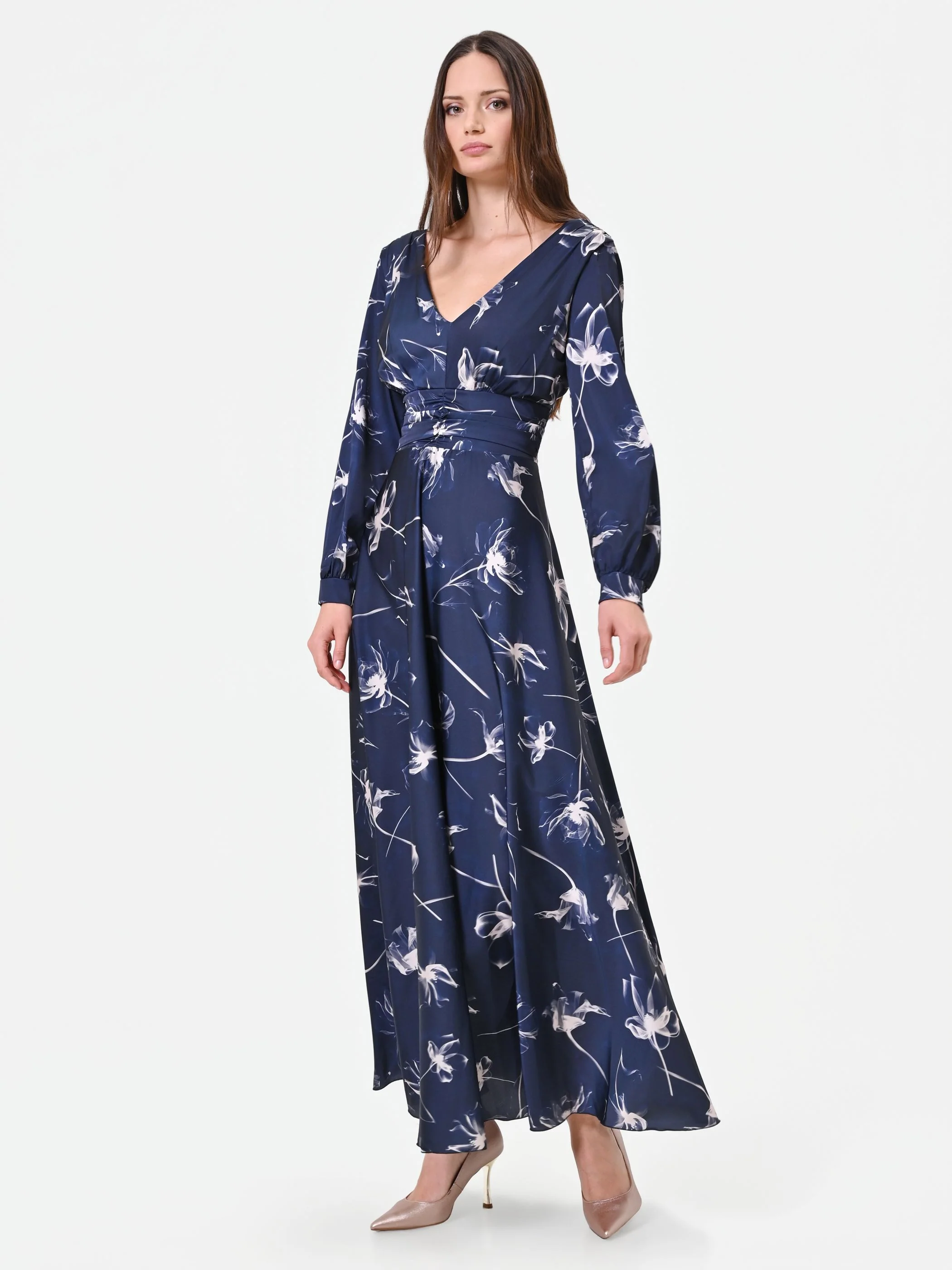 Abito lungo blu navy a fantasia floreale - Image 4