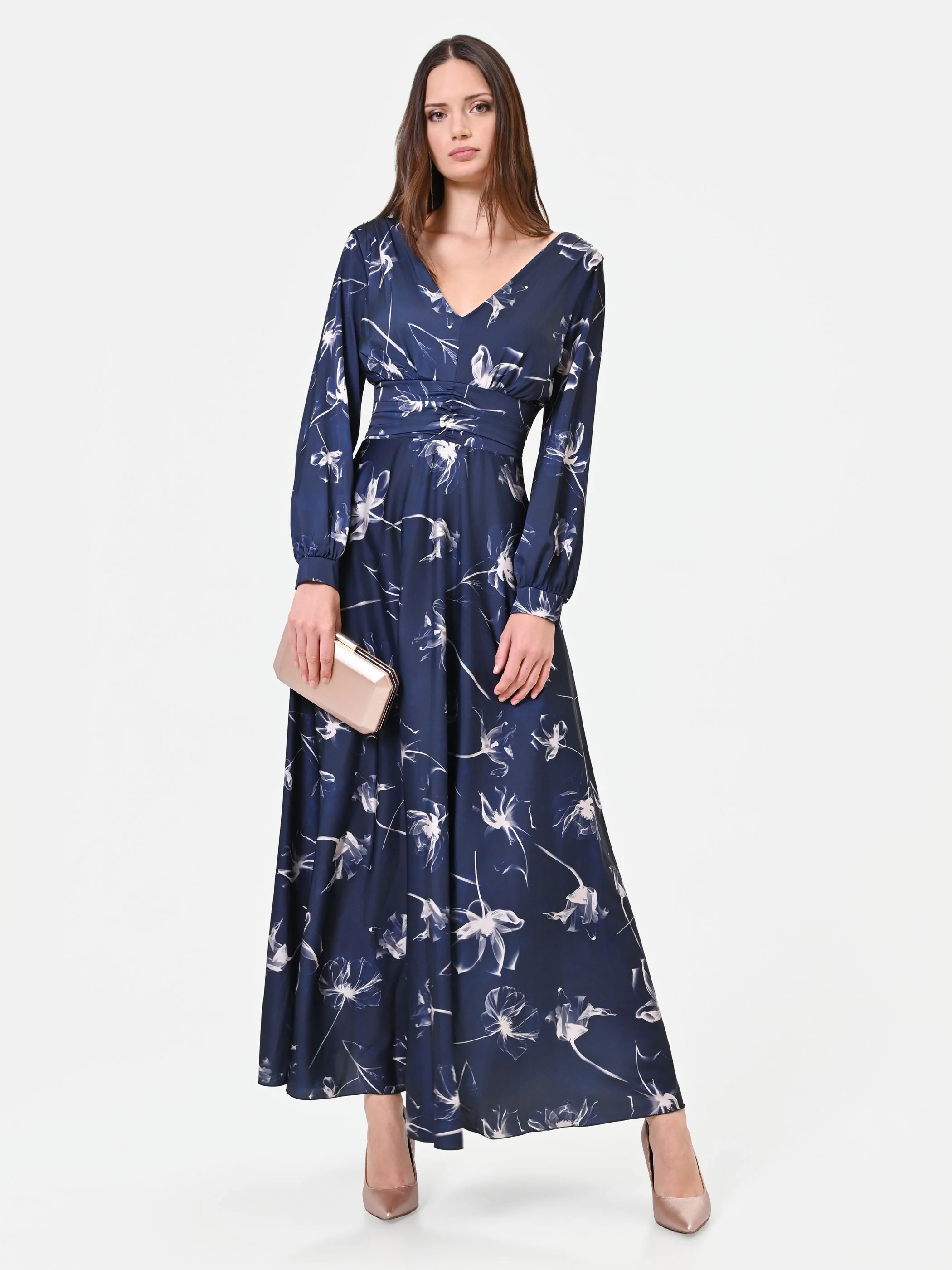 Abito lungo blu navy a fantasia floreale - Image 5