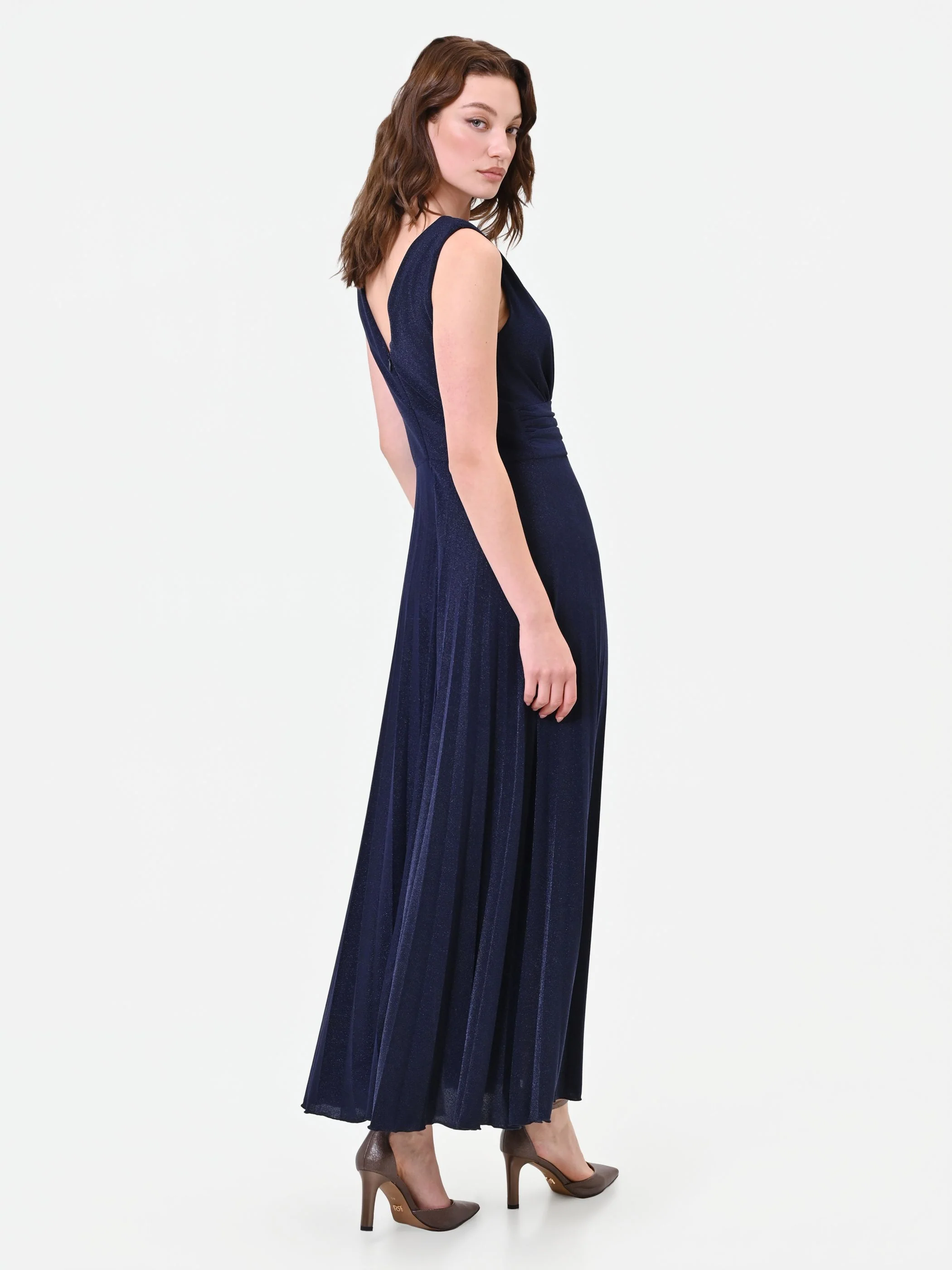 Abito lungo blu navy con drappeggio in vita - Image 2