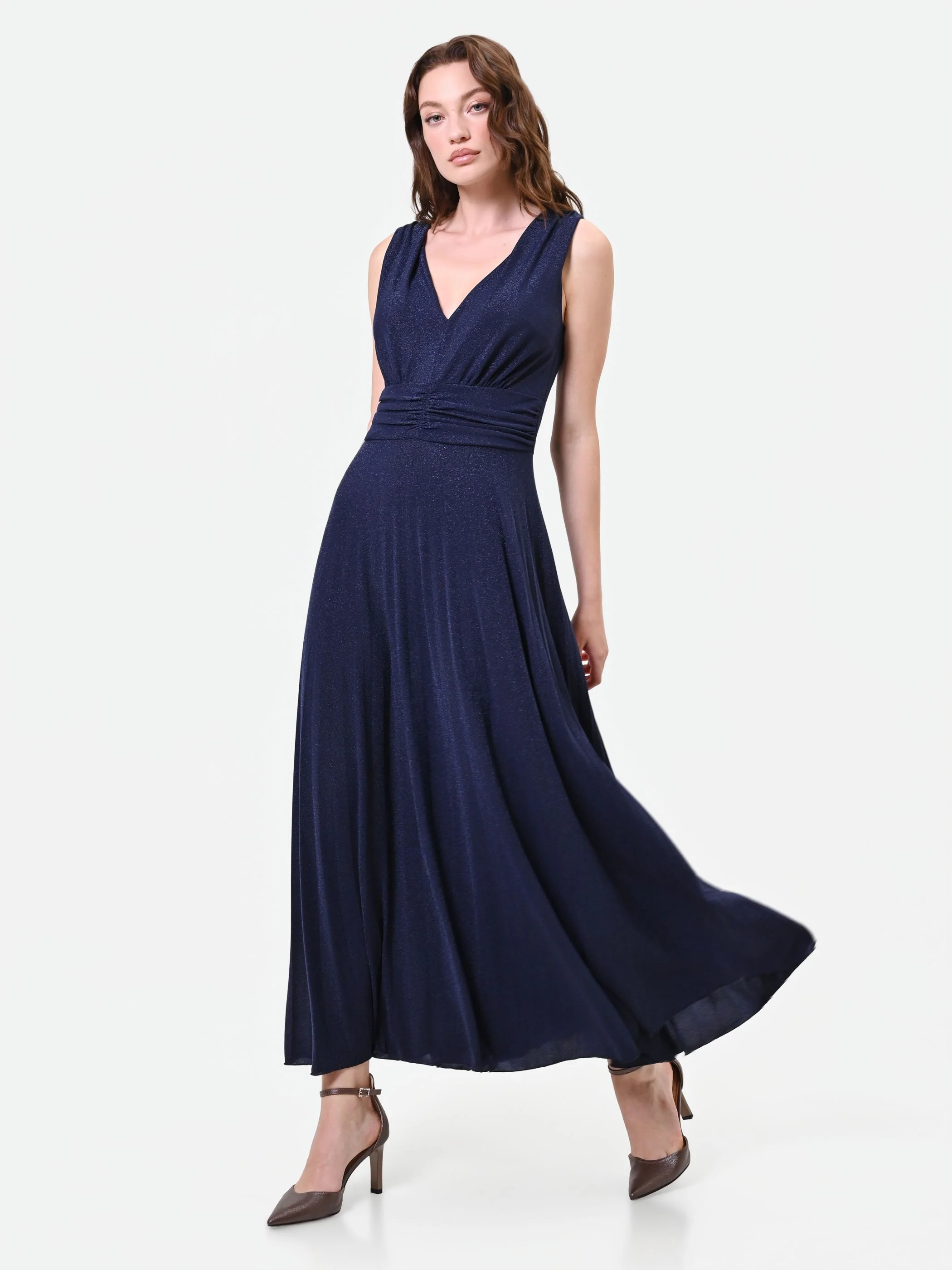 Abito lungo blu navy con drappeggio in vita - Image 4
