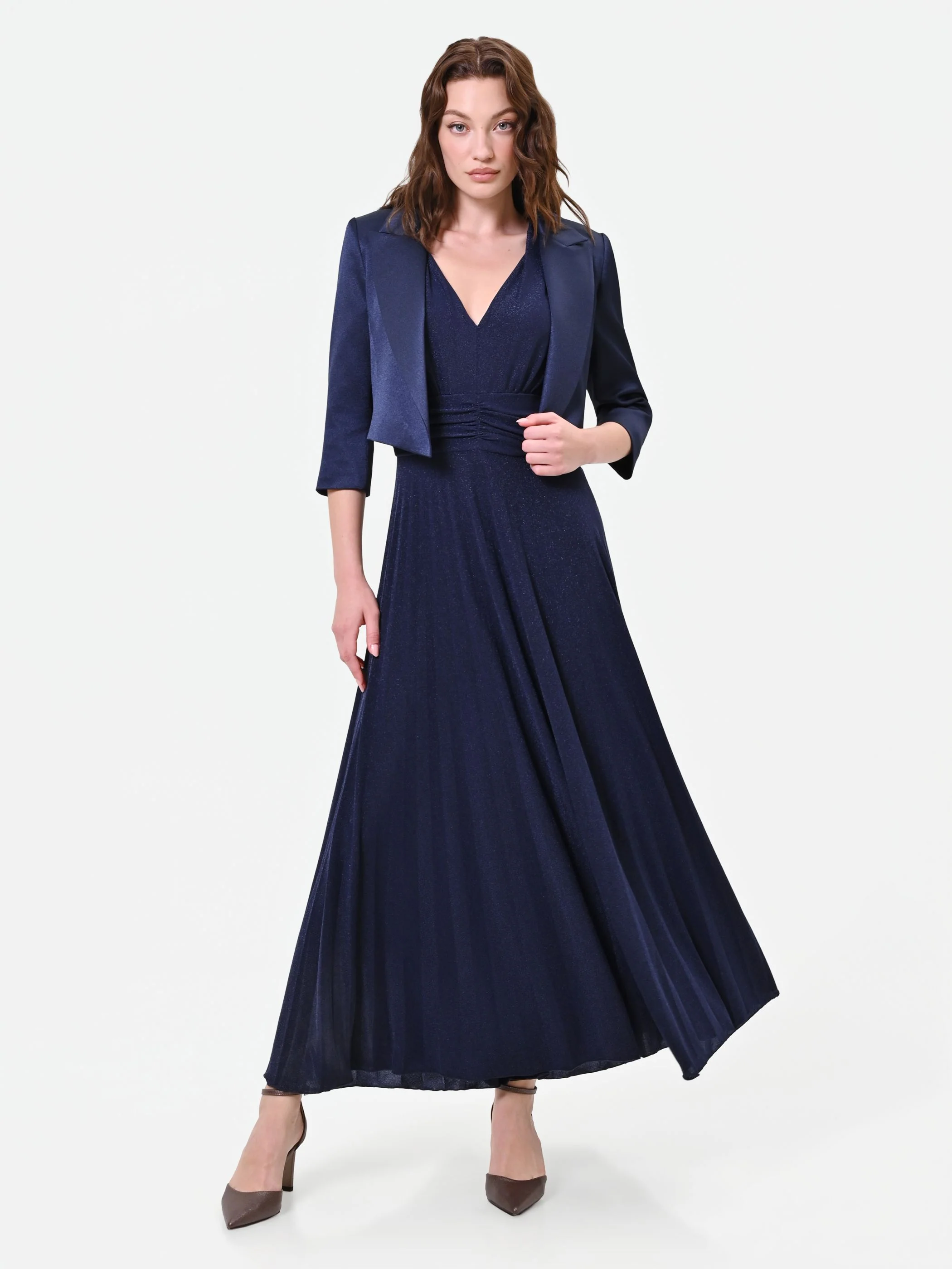 Abito lungo blu navy con drappeggio in vita - Image 5