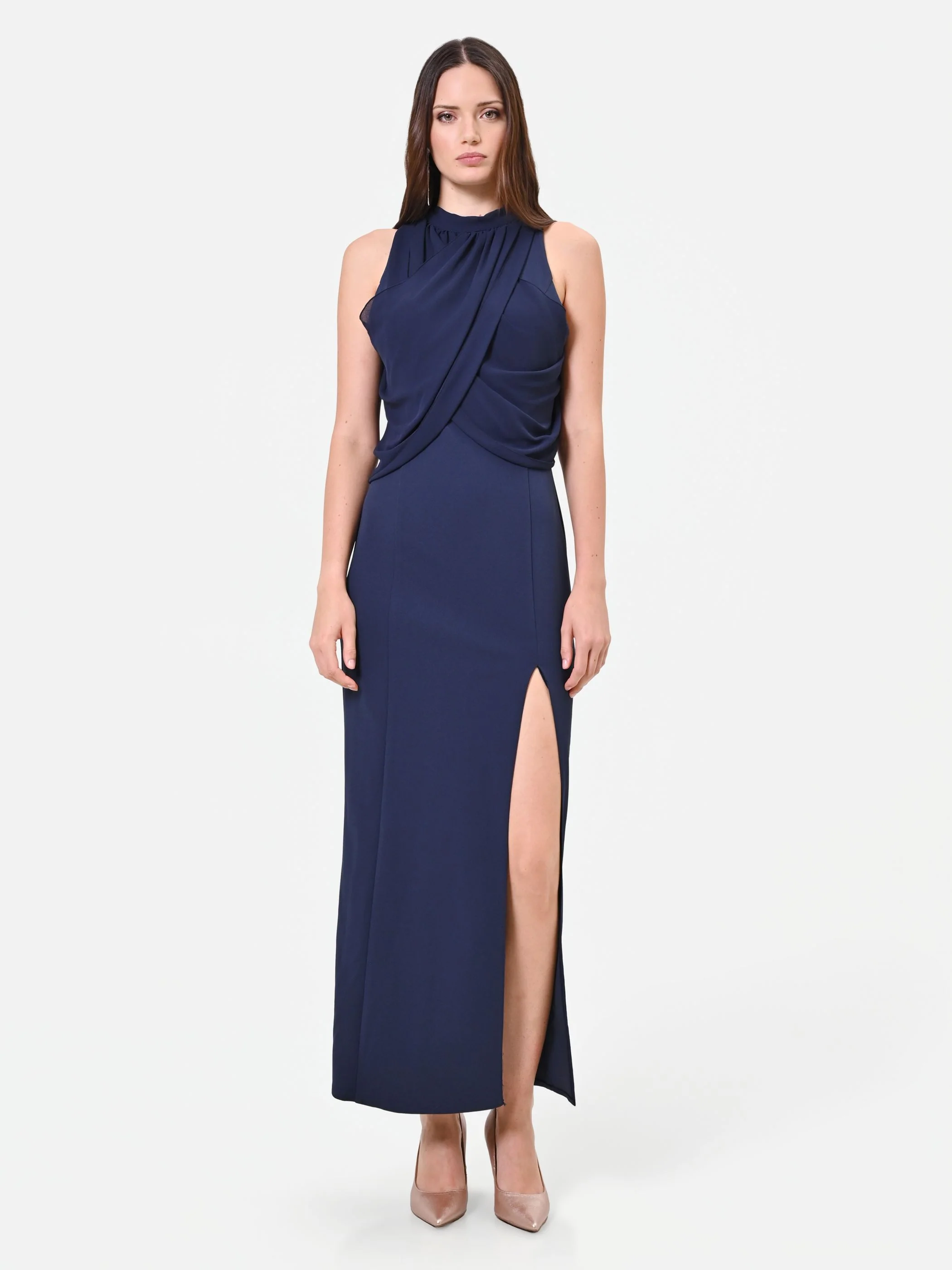 Abito lungo blu navy con drappeggio sullo scollo - Image 2