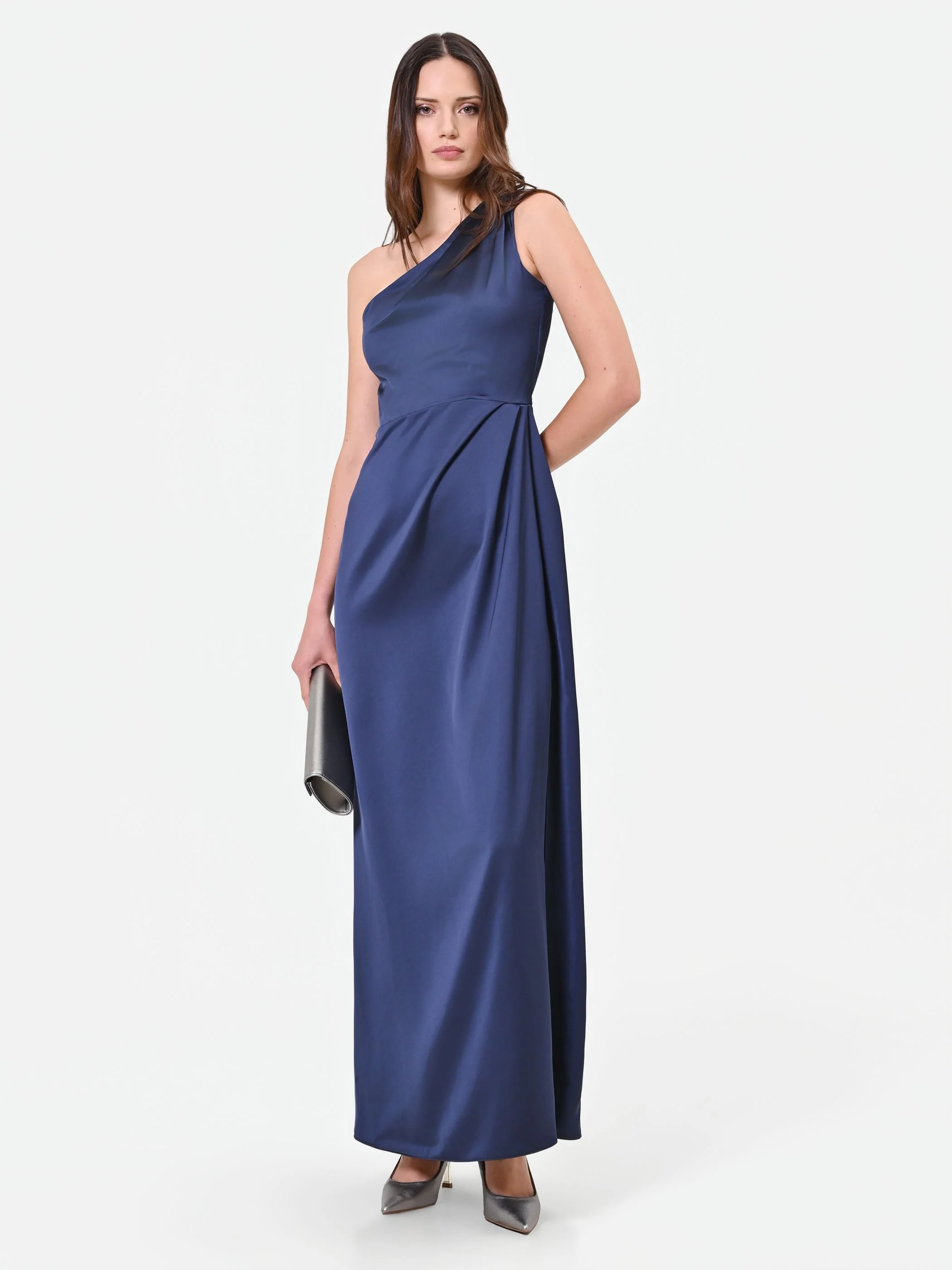 Abito lungo blu navy monospalla con drappeggio - Image 5