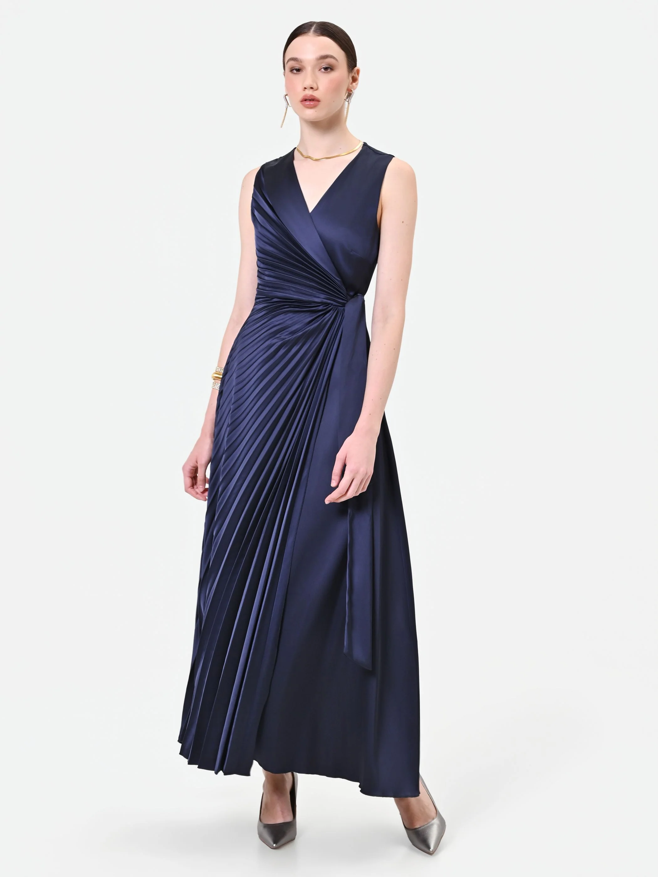 Abito lungo blu navy plissé - Image 4