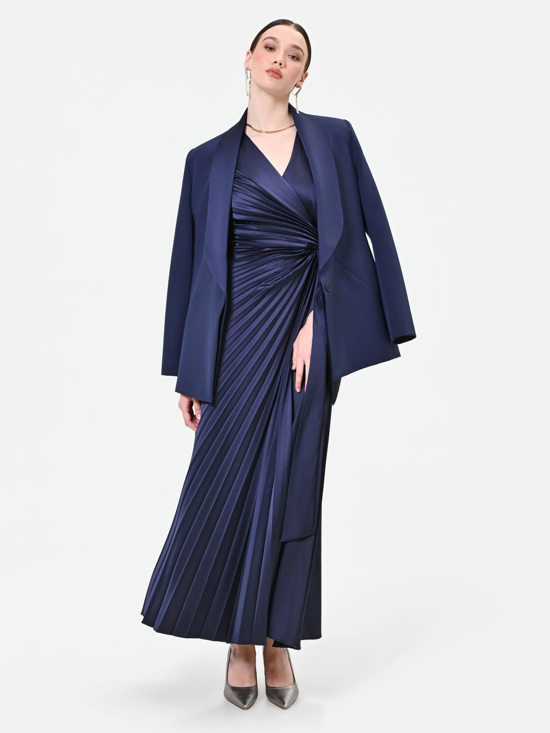 Abito lungo blu navy plissé - Image 5
