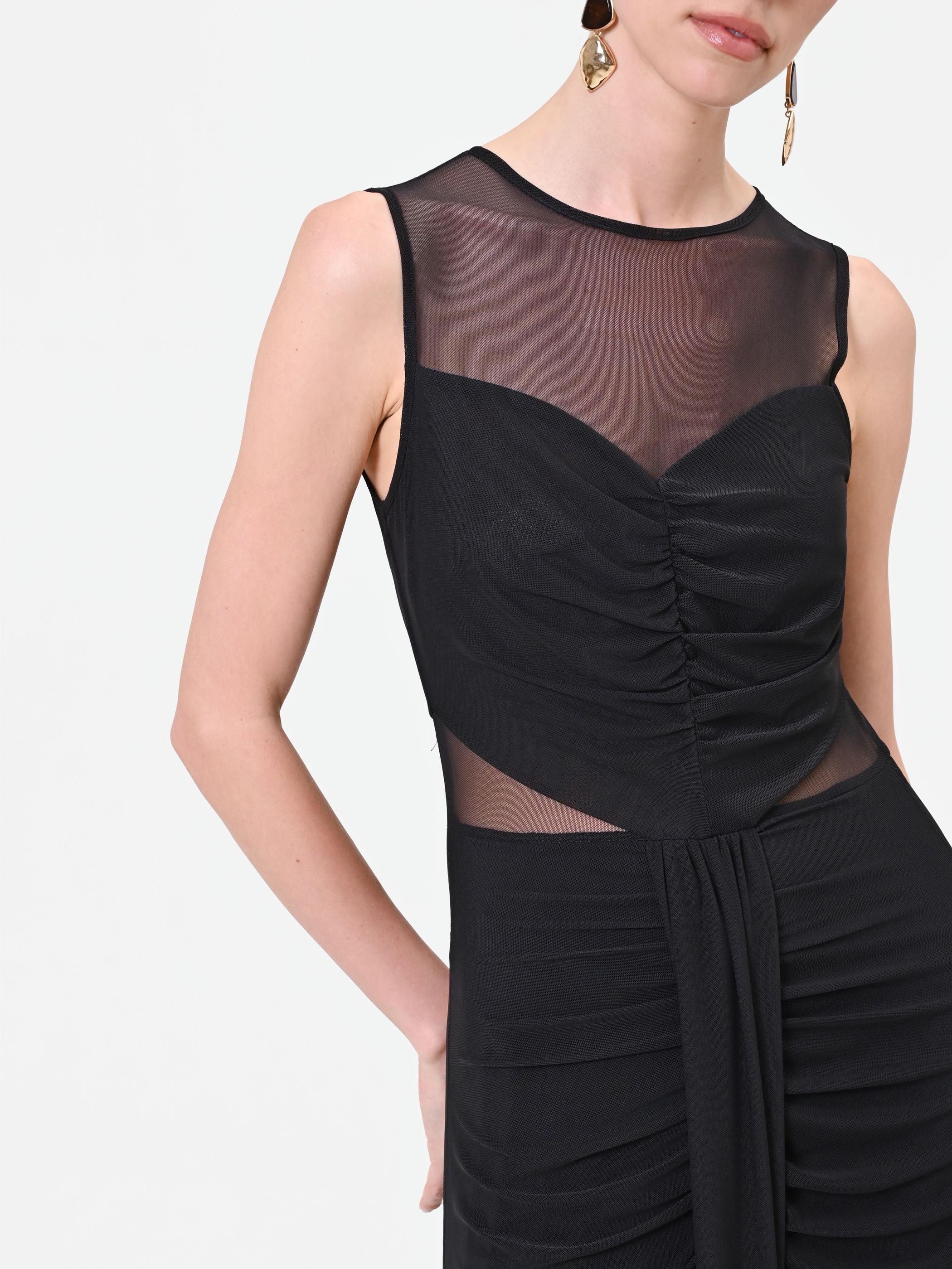 Abito lungo nero con dettagli in tulle - Image 2