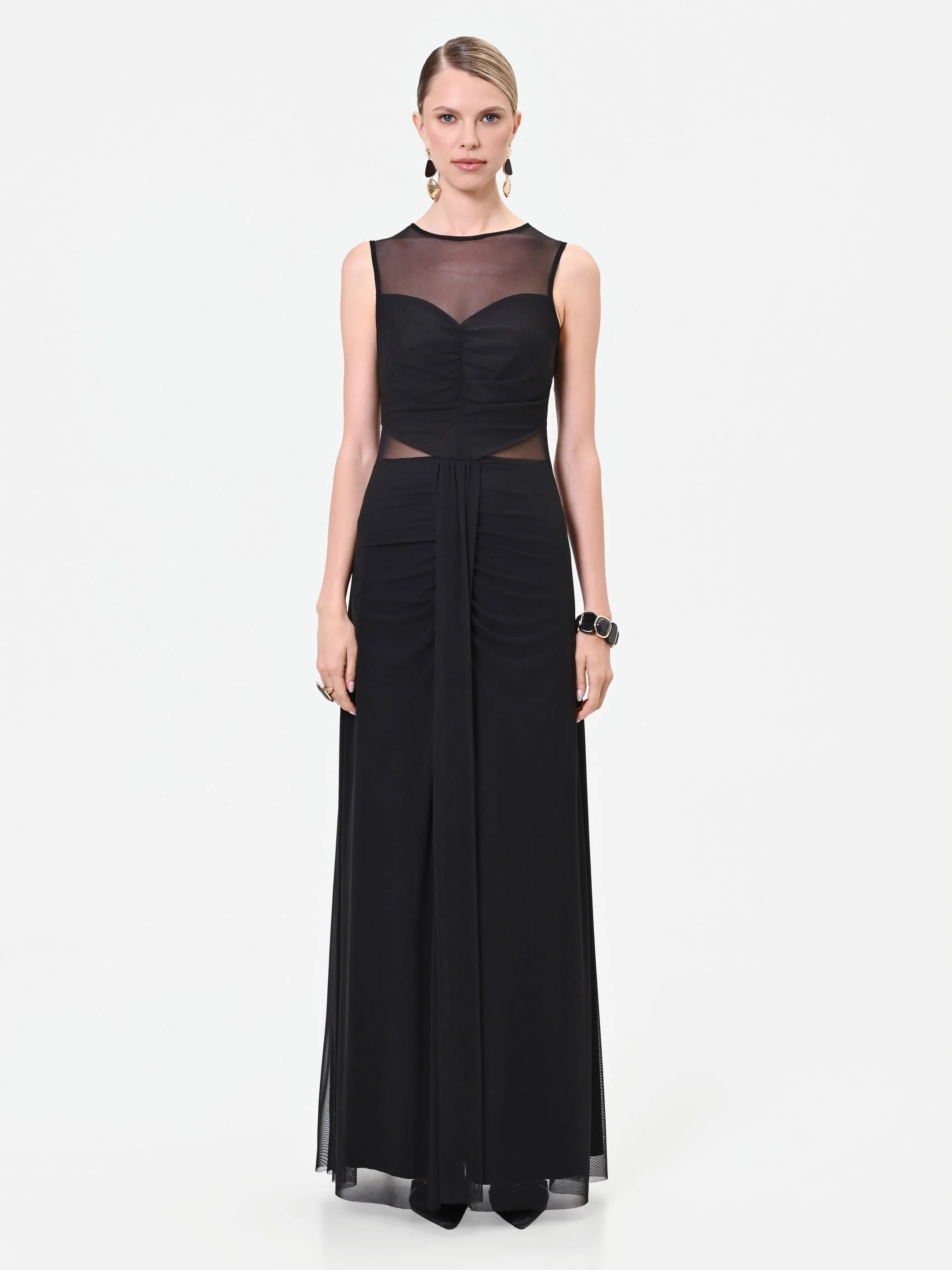 Abito lungo nero con dettagli in tulle - Image 3