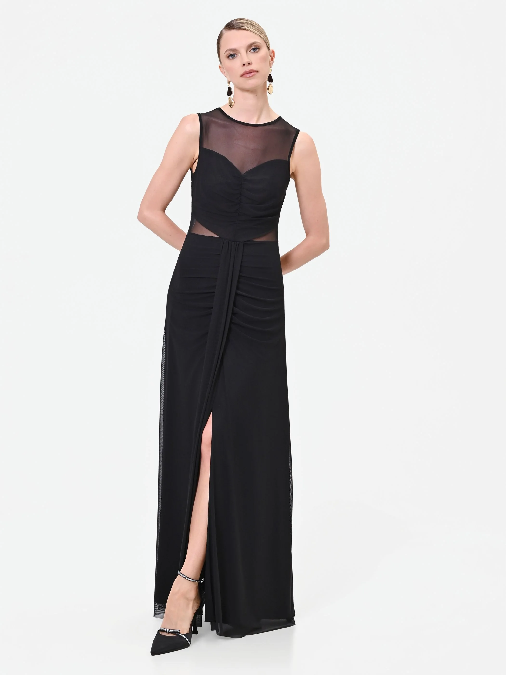 Abito lungo nero con dettagli in tulle - Image 4