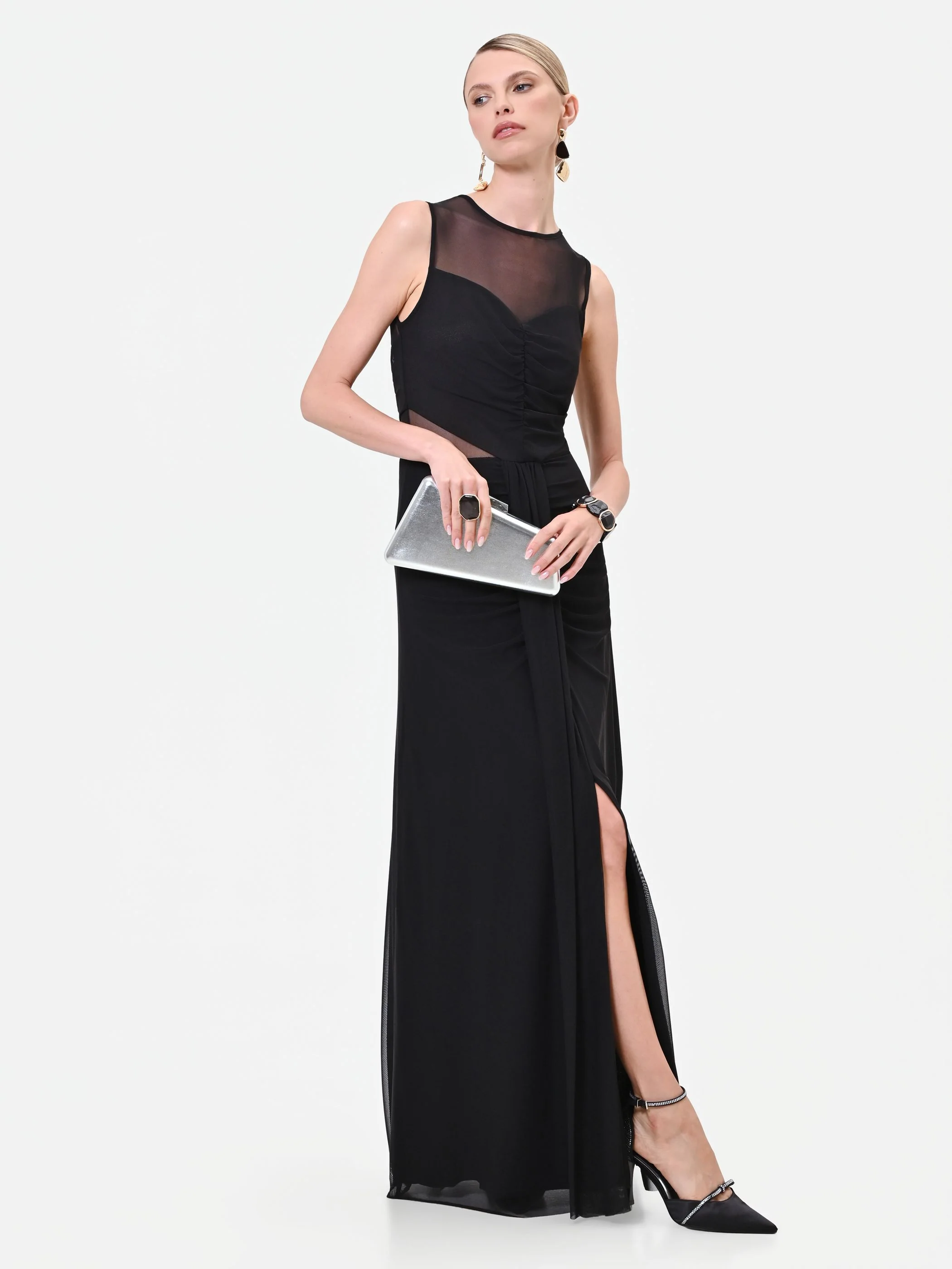 Abito lungo nero con dettagli in tulle - Image 5