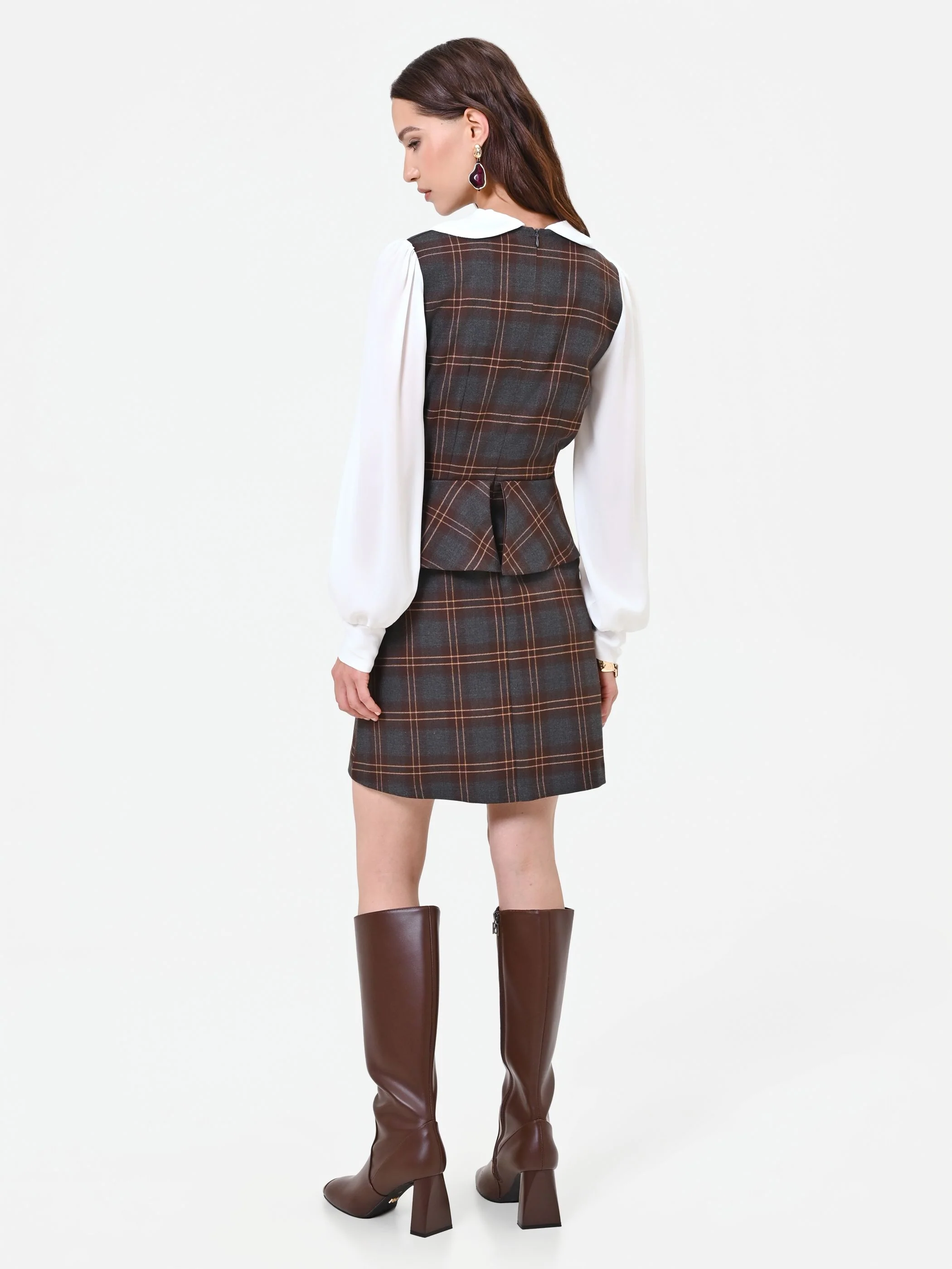 Abito marrone con stampa check effetto camicia - Image 2