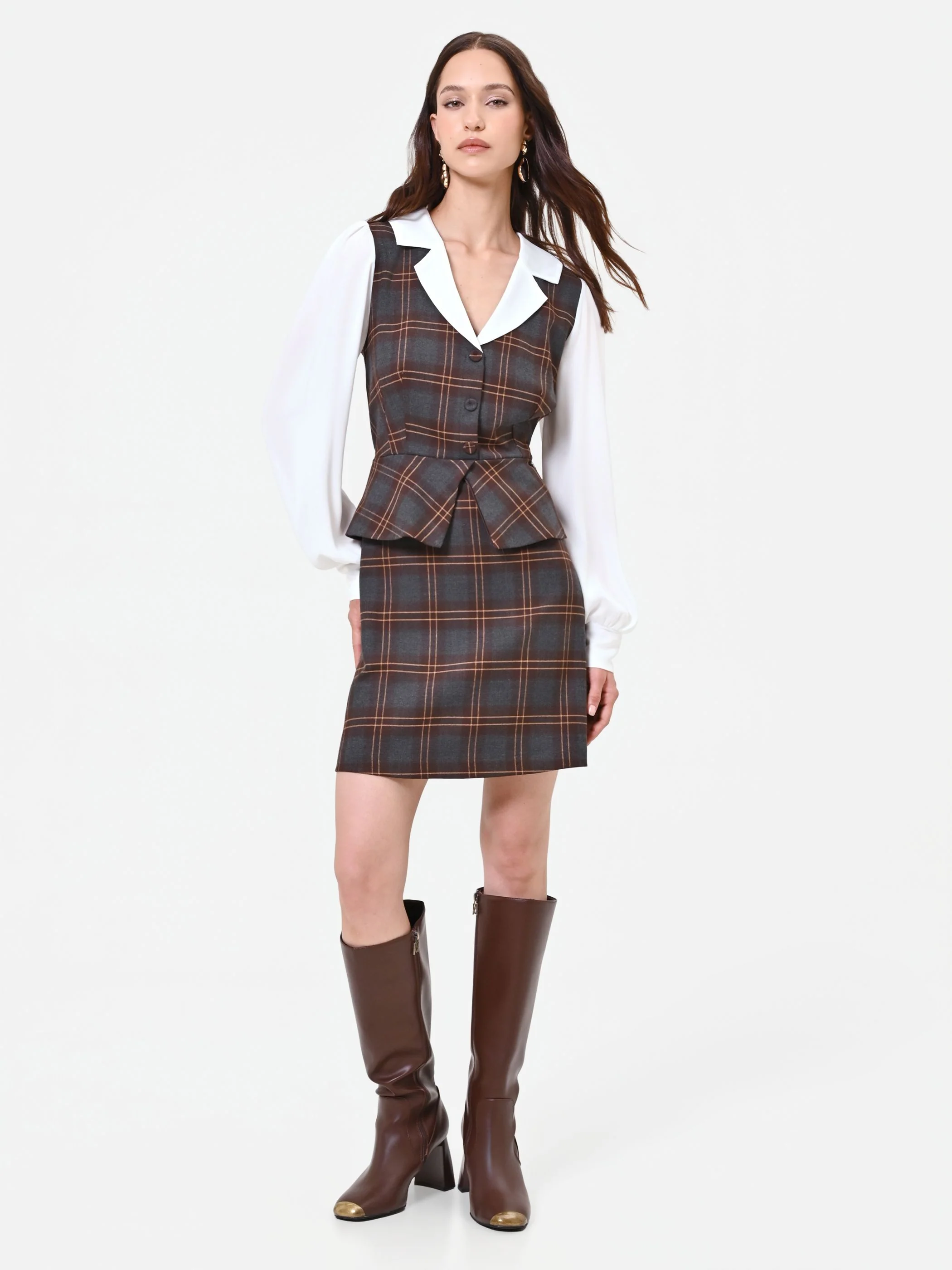 Abito marrone con stampa check effetto camicia - Image 3