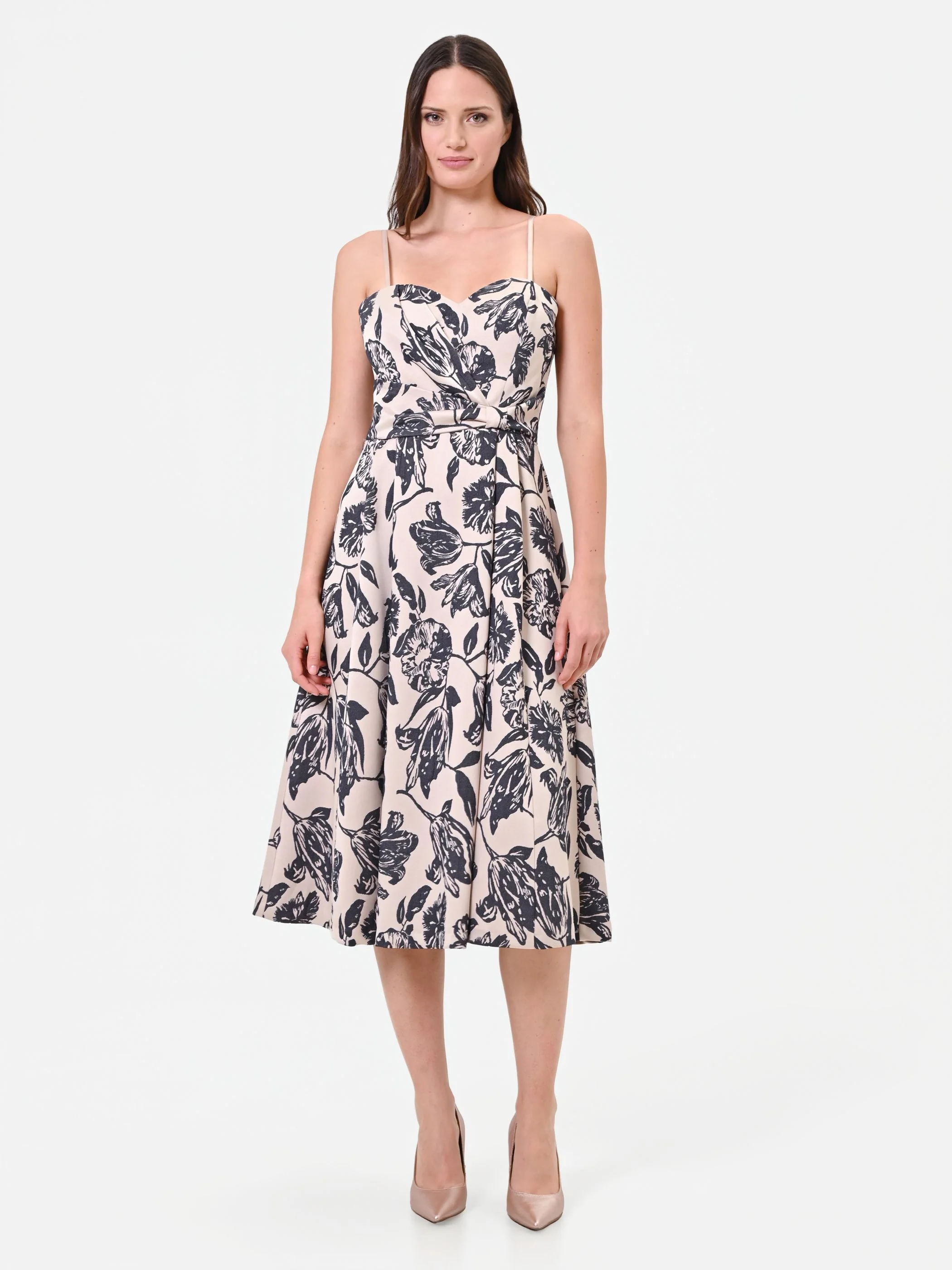 Abito midi in jacquard con stampa floreale blu navy - Image 4