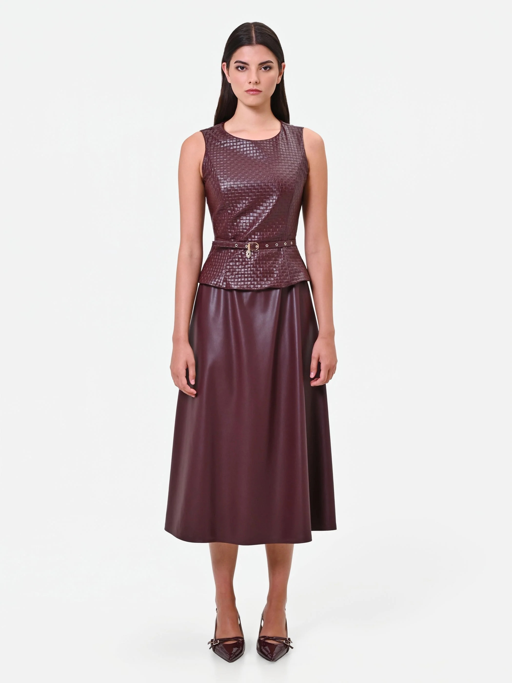 Abito midi in similpelle rosso bordeaux - Image 3