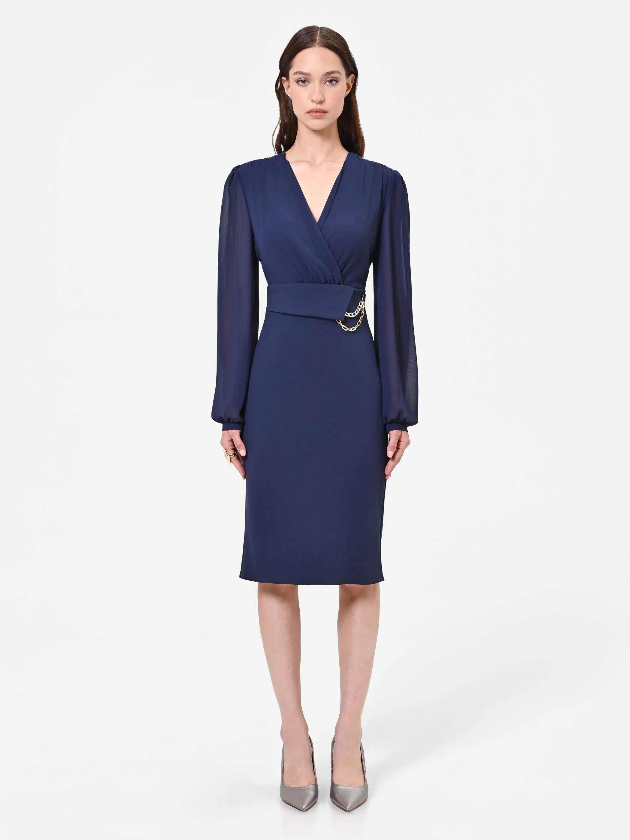 Abito tubino blu navy con maniche velate