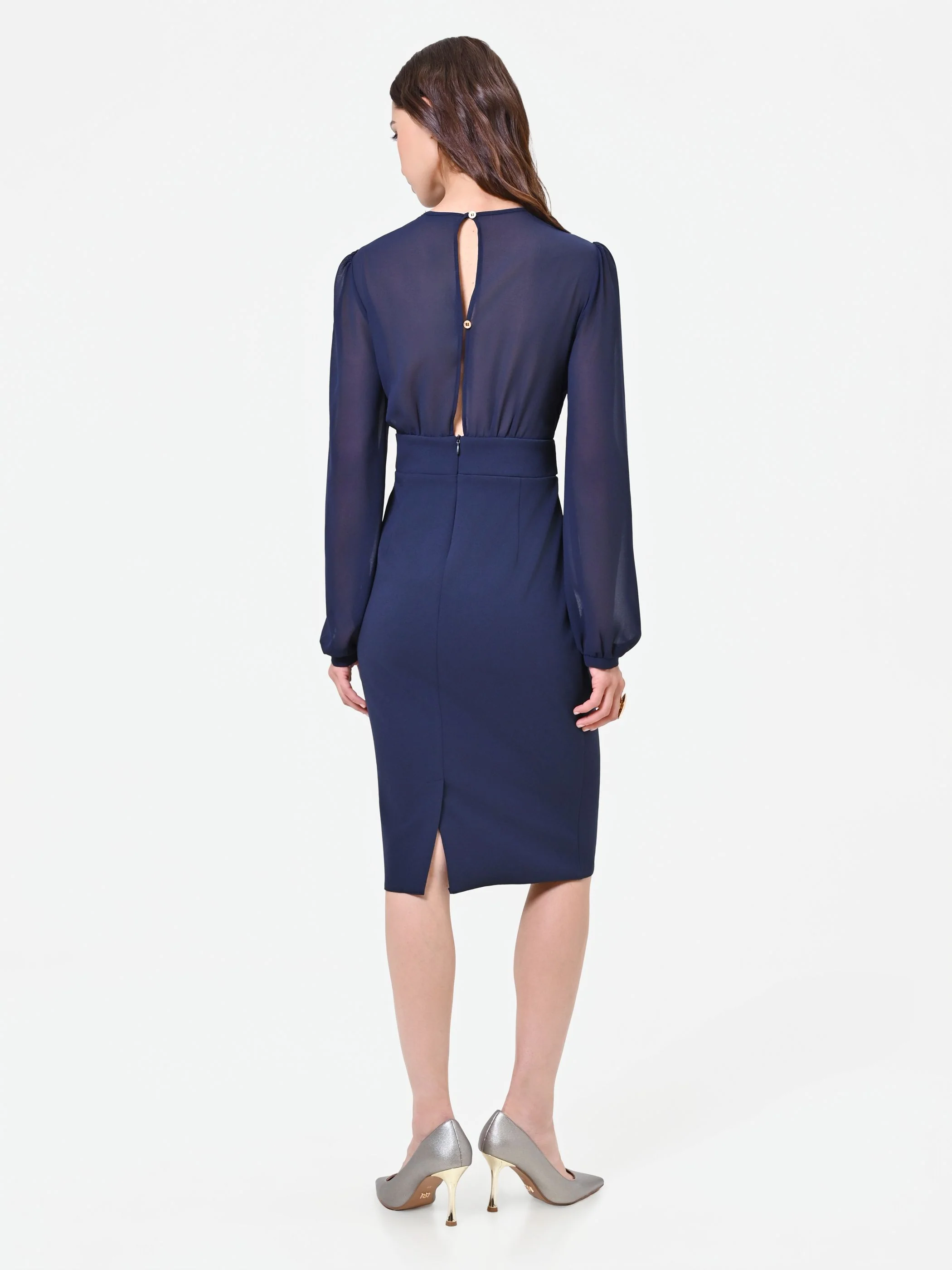 Abito tubino blu navy con maniche velate - Image 2