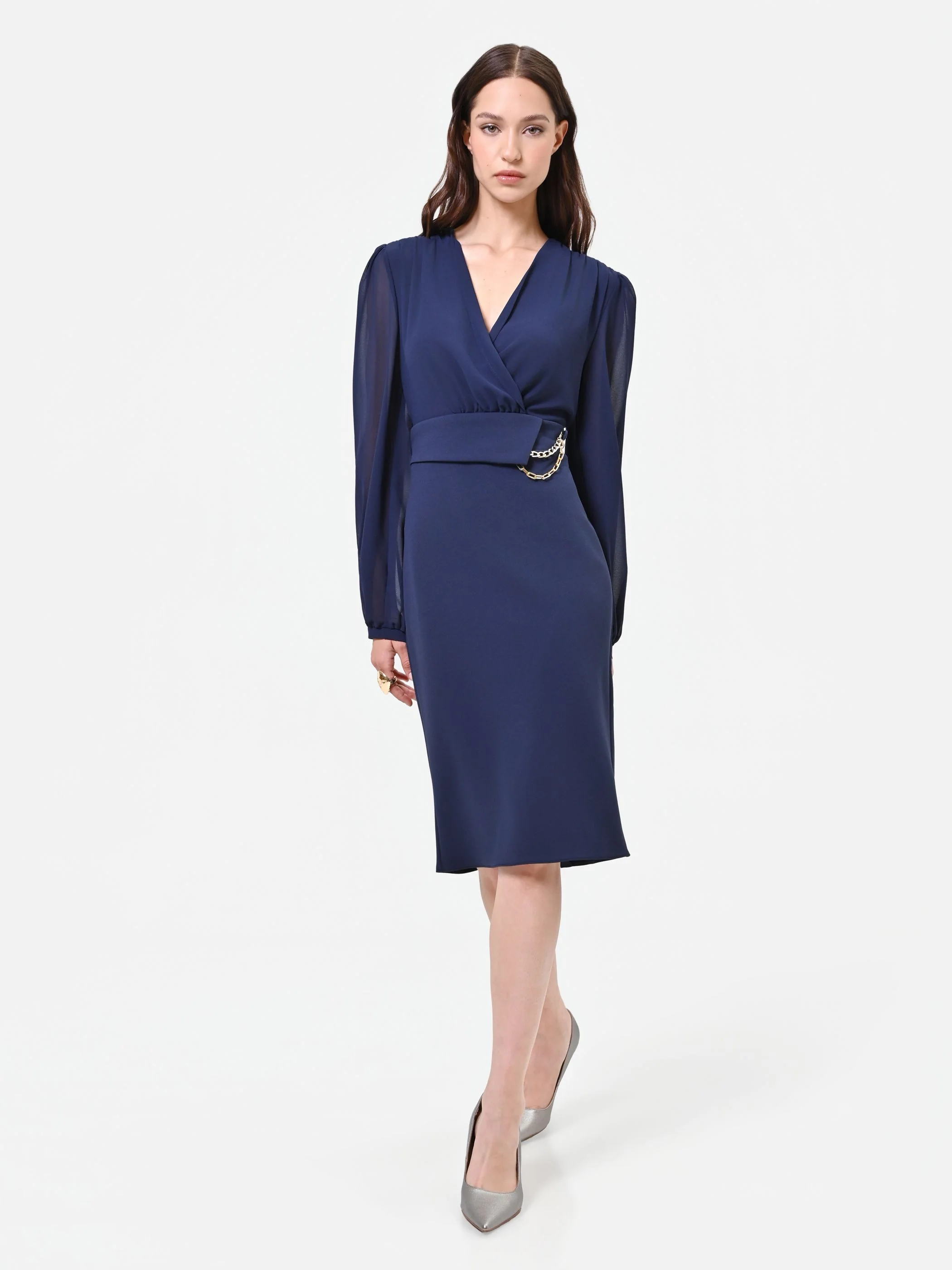 Abito tubino blu navy con maniche velate - Image 4