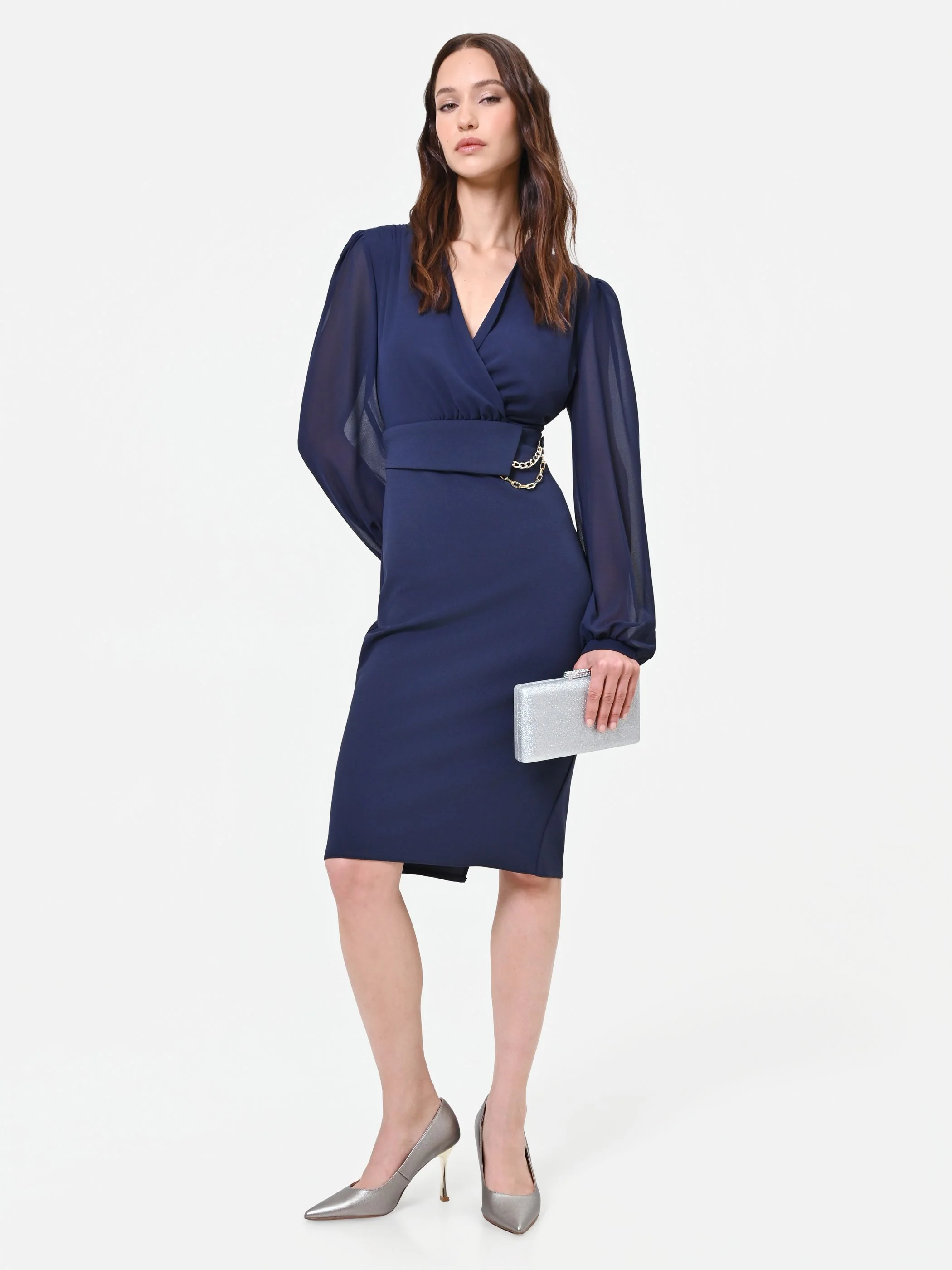 Abito tubino blu navy con maniche velate - Image 5