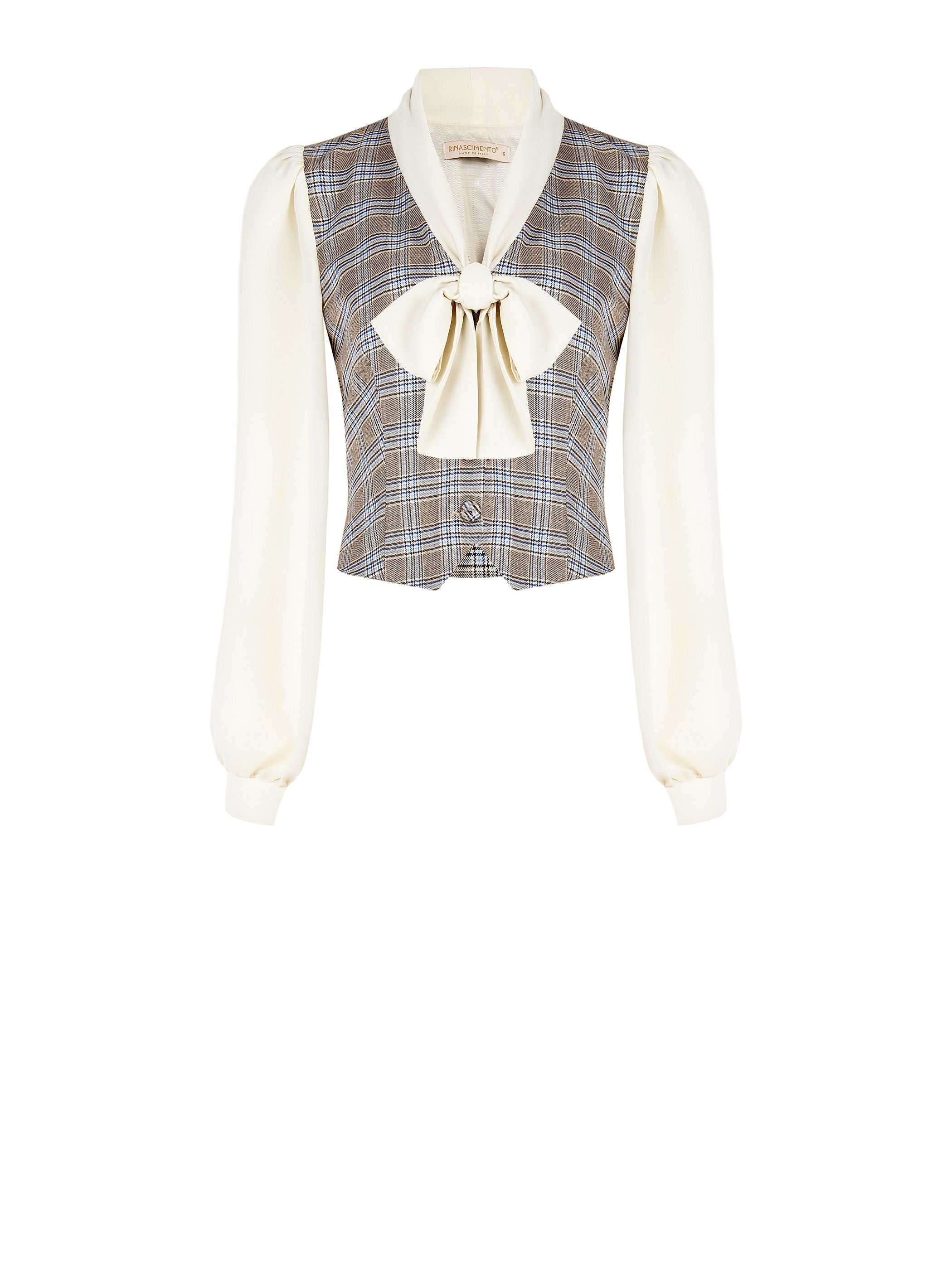 Blusa azzurra check con gilet e collo lavallière - Image 6