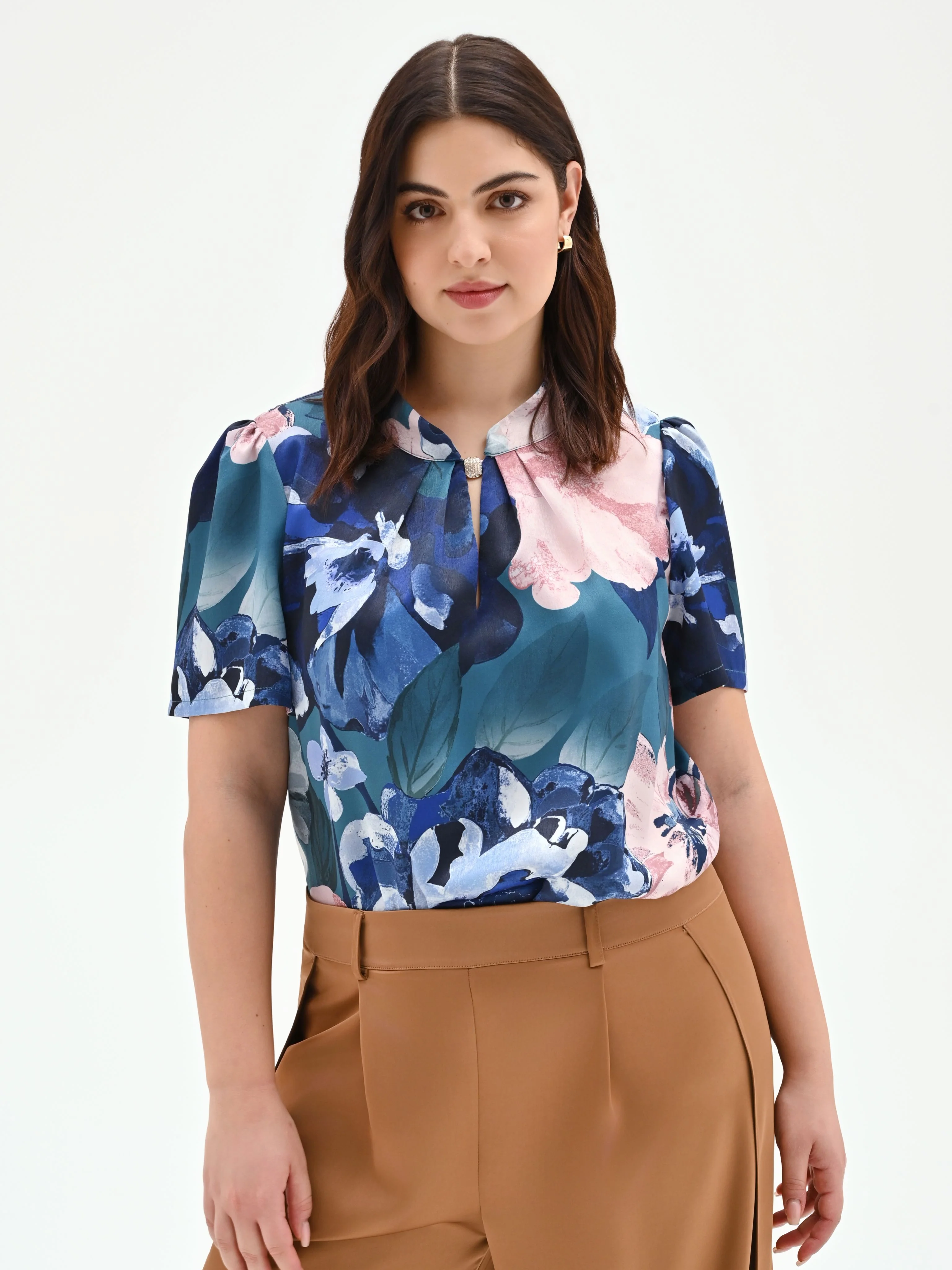 Blusa blu ottanio curvy con stampa floreale - Image 2