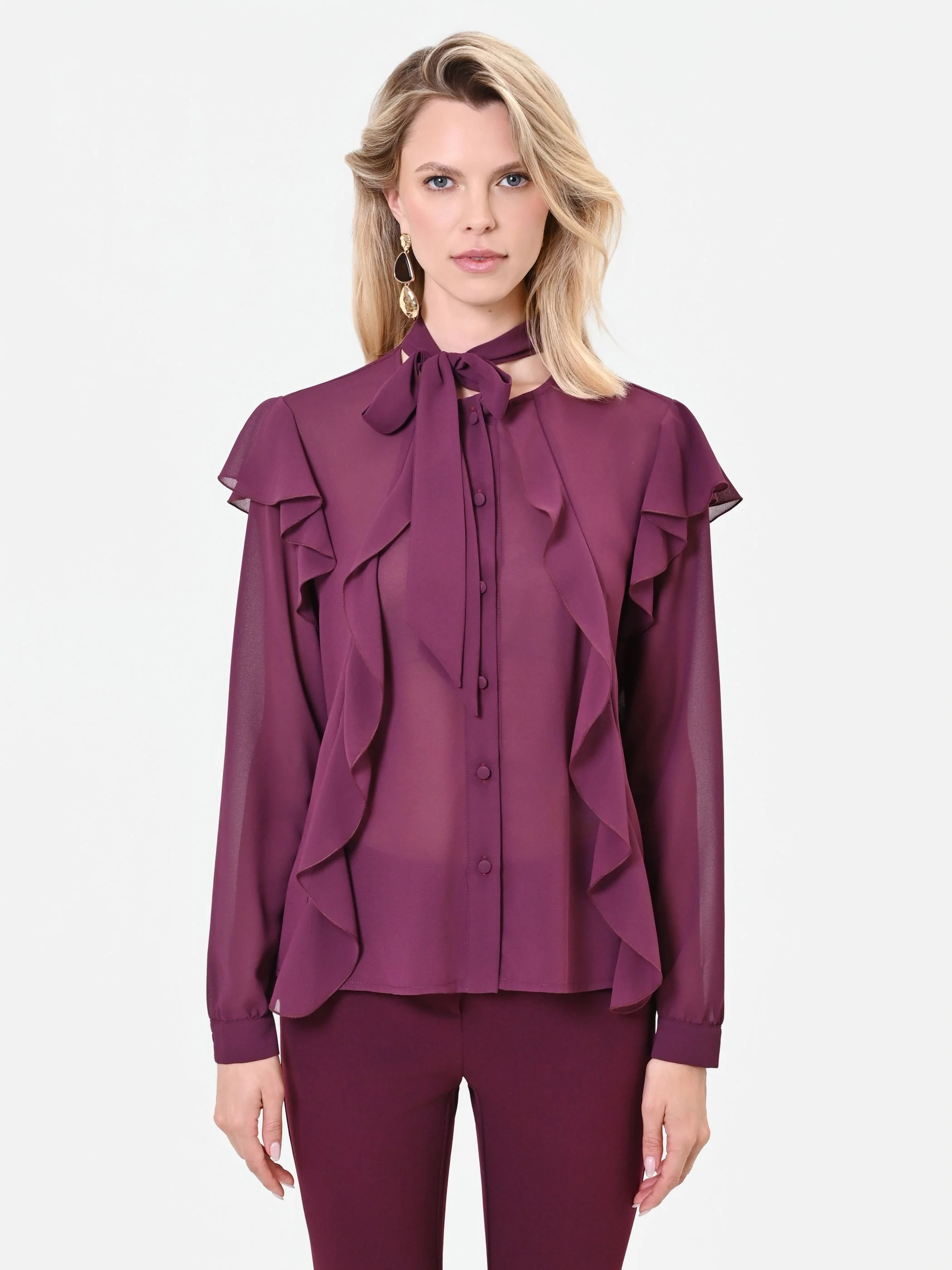 Blusa bordeaux rosso con fiocco e rouches - Image 2