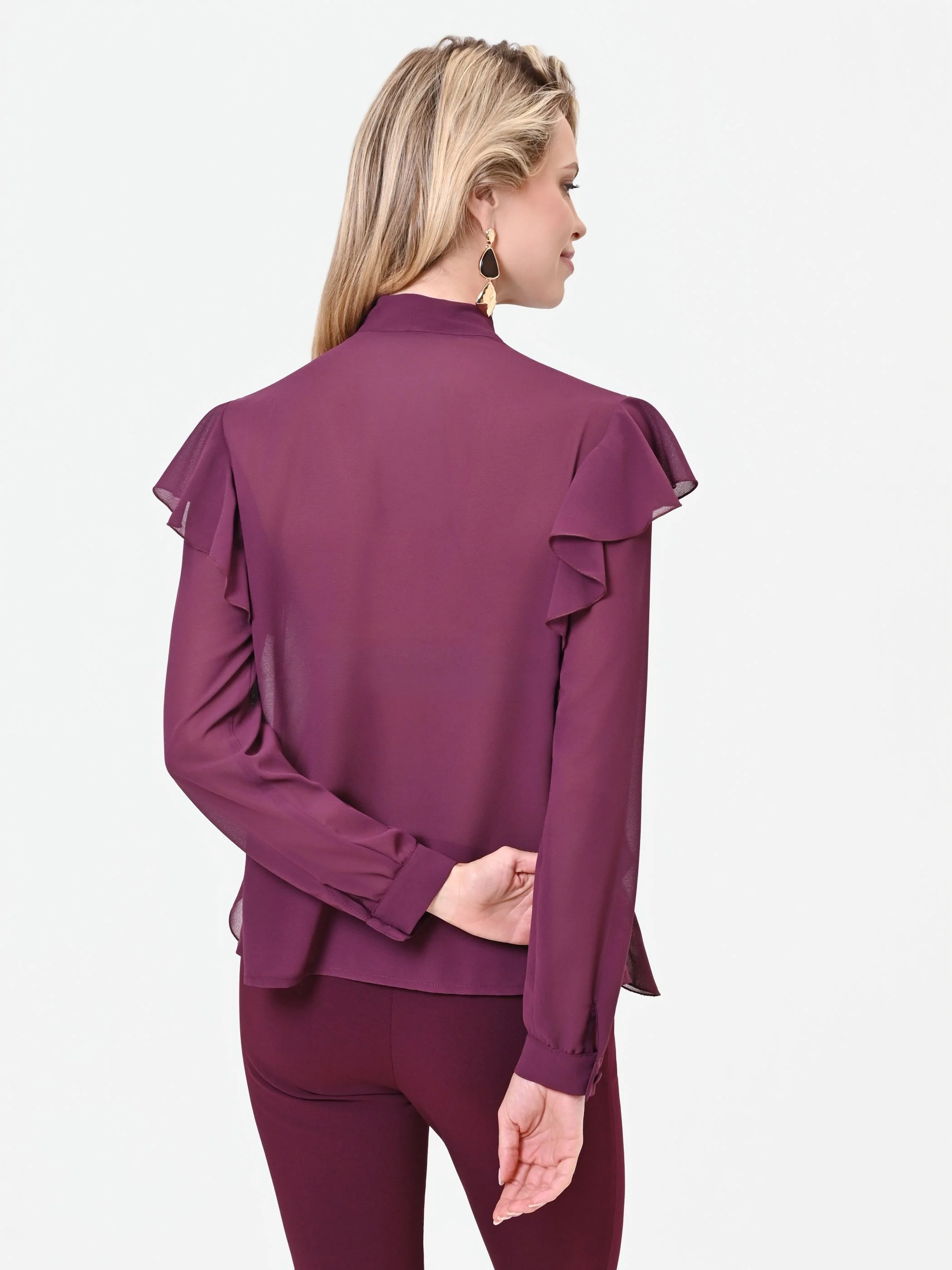 Blusa bordeaux rosso con fiocco e rouches - Image 3