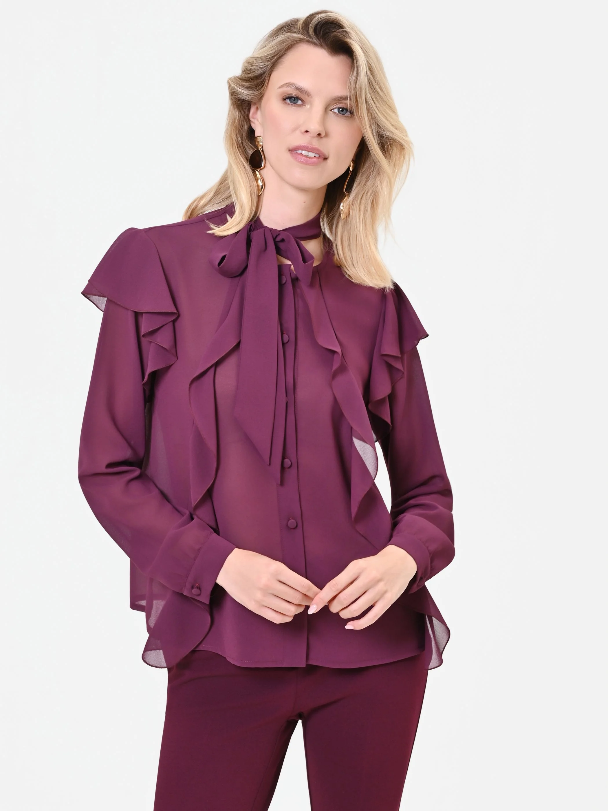 Blusa bordeaux rosso con fiocco e rouches - Image 5
