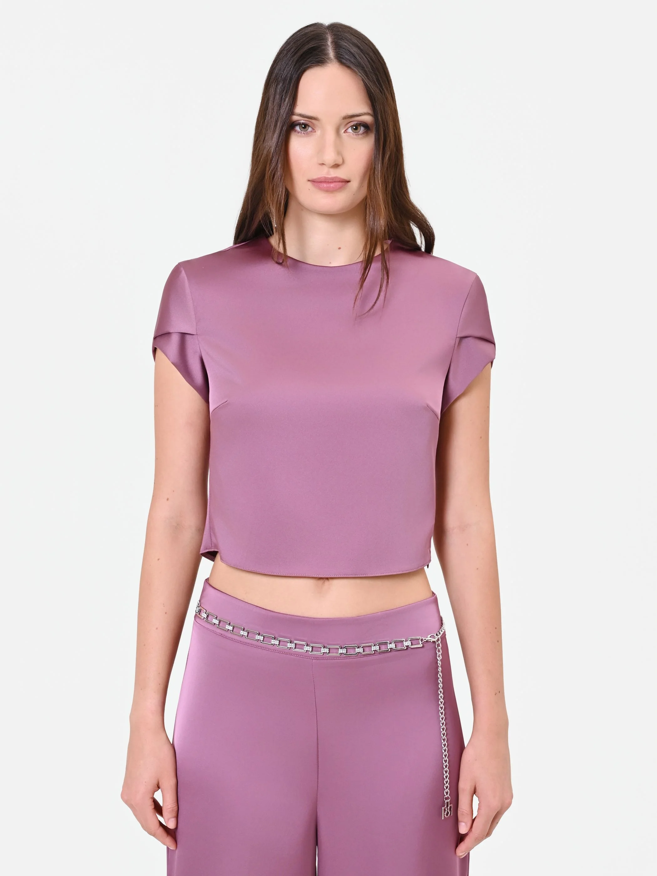 Blusa crop in raso rosa antico - Image 2