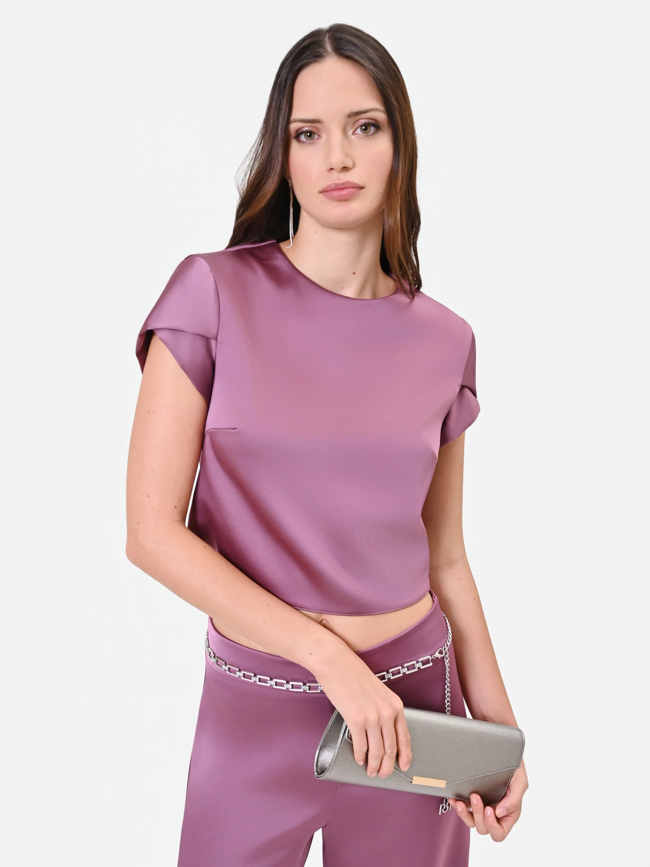 Blusa crop in raso rosa antico - Image 6