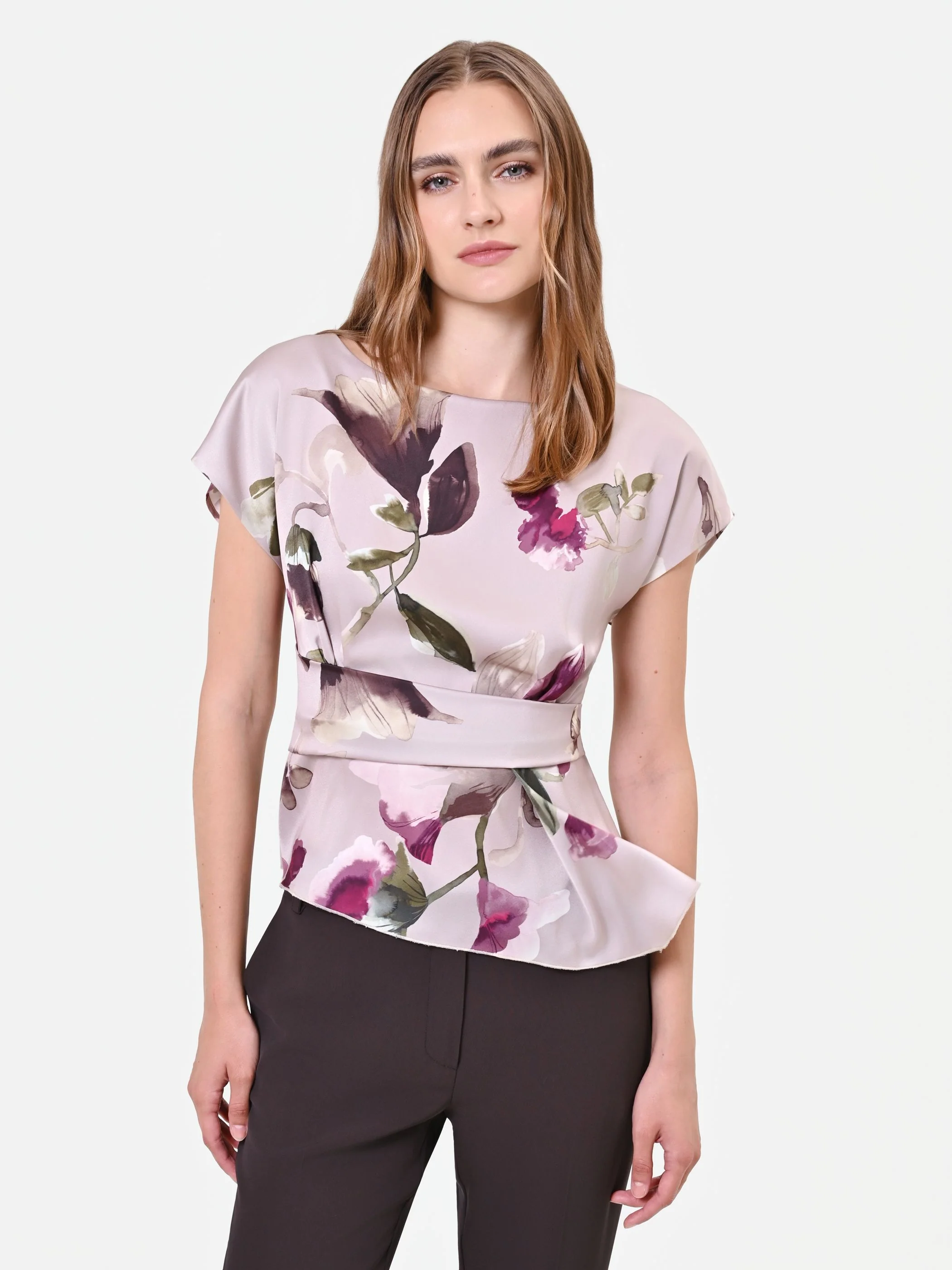 Blusa in raso tortora beige con stampa floreale - Image 2