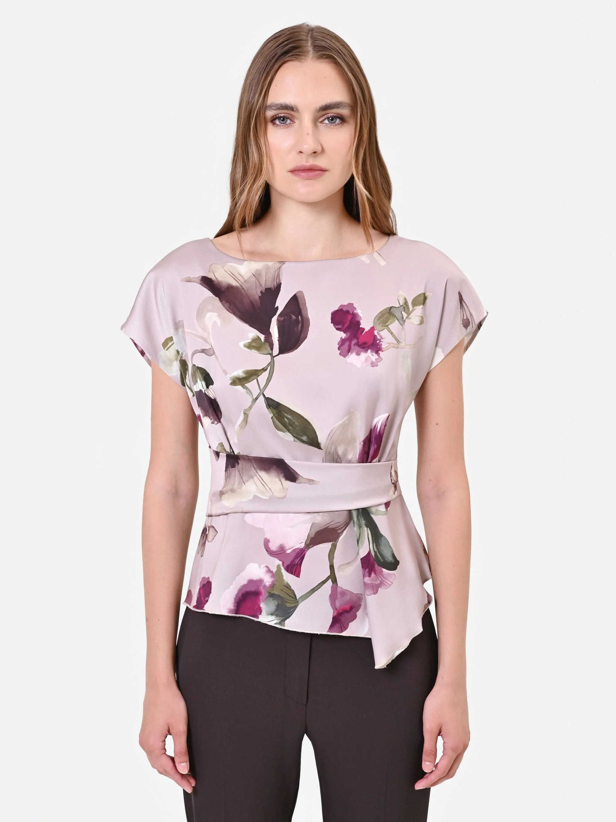 Blusa in raso tortora beige con stampa floreale - Image 4