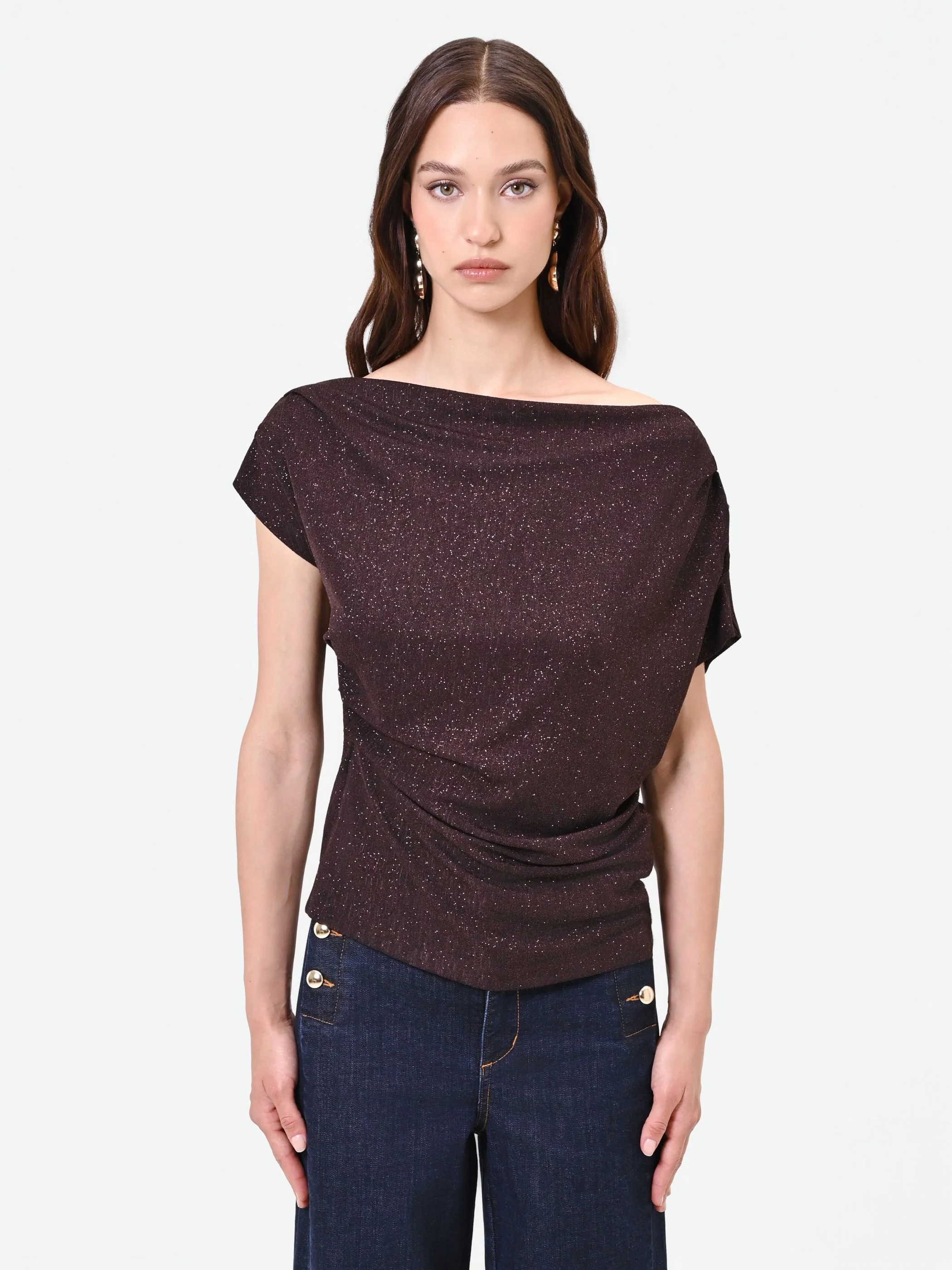 Blusa marrone con drappeggio asimmetrico - Image 2