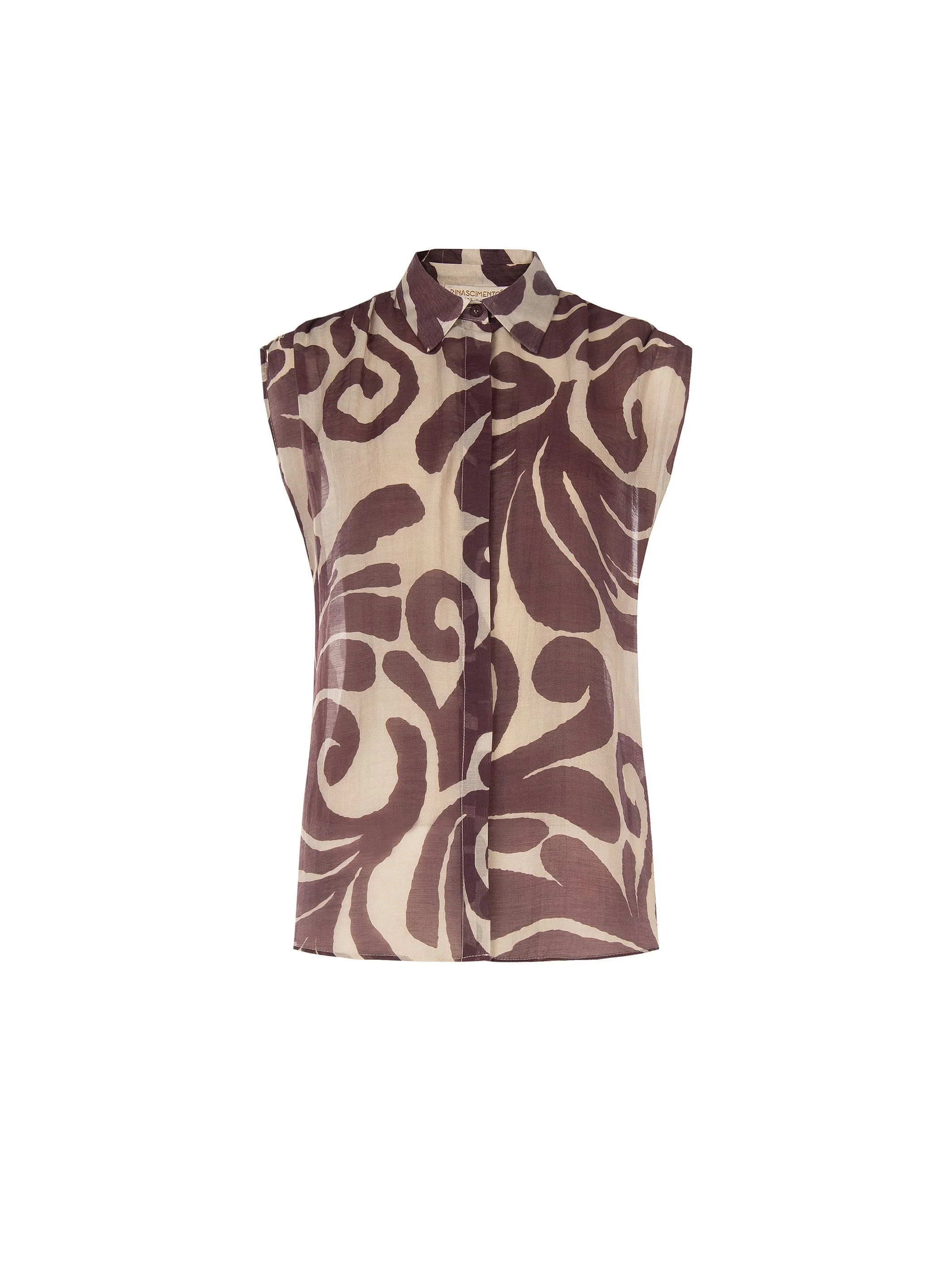Blusa smanicata marrone con stampa astratta - Image 6
