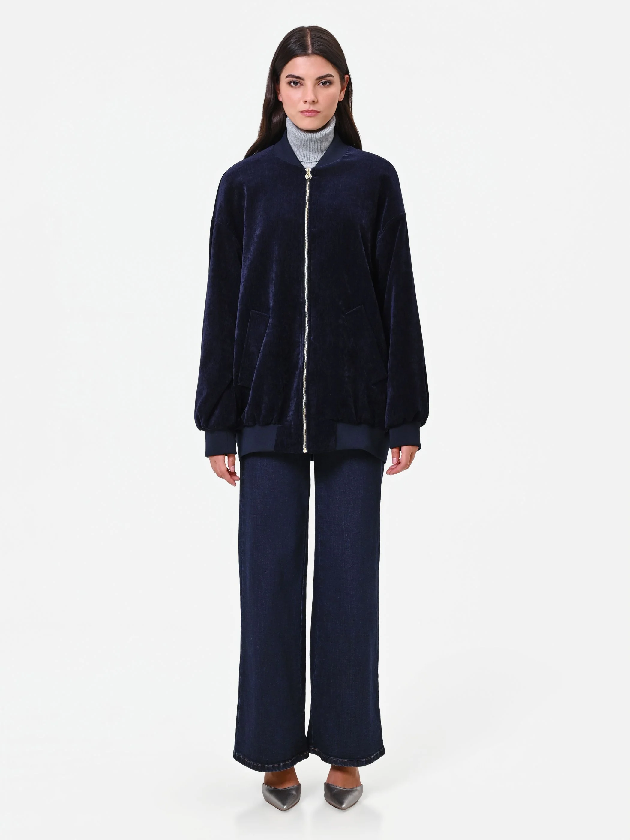 Bomber oversize in velluto blu navy