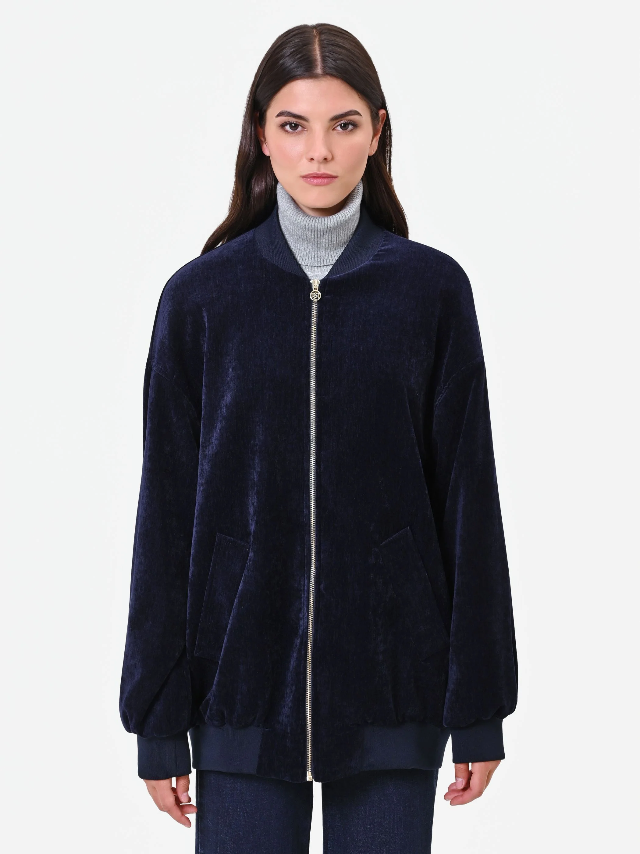 Bomber oversize in velluto blu navy - Image 2