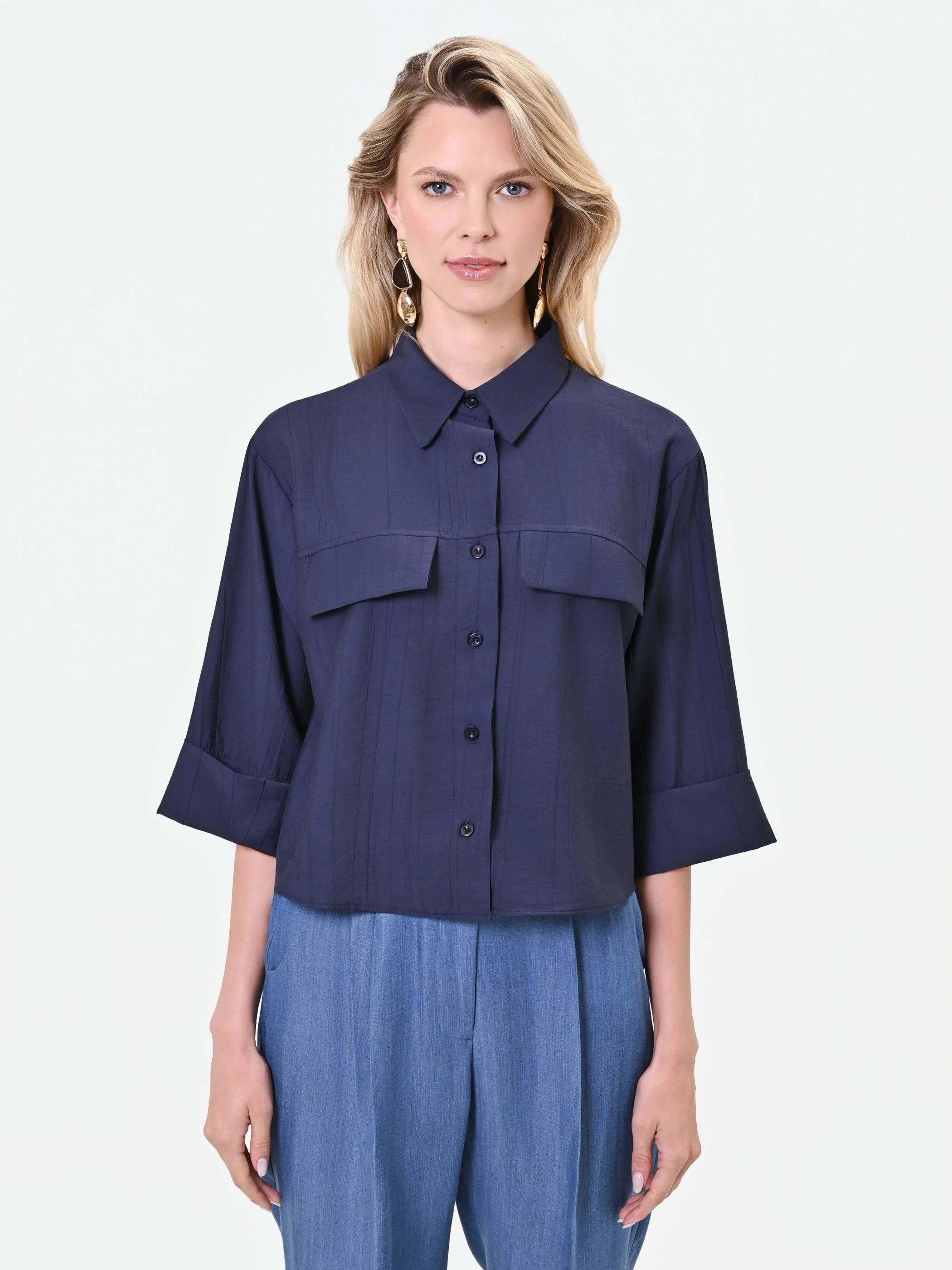 Camicia blu taglio boxy in viscosa - Image 2