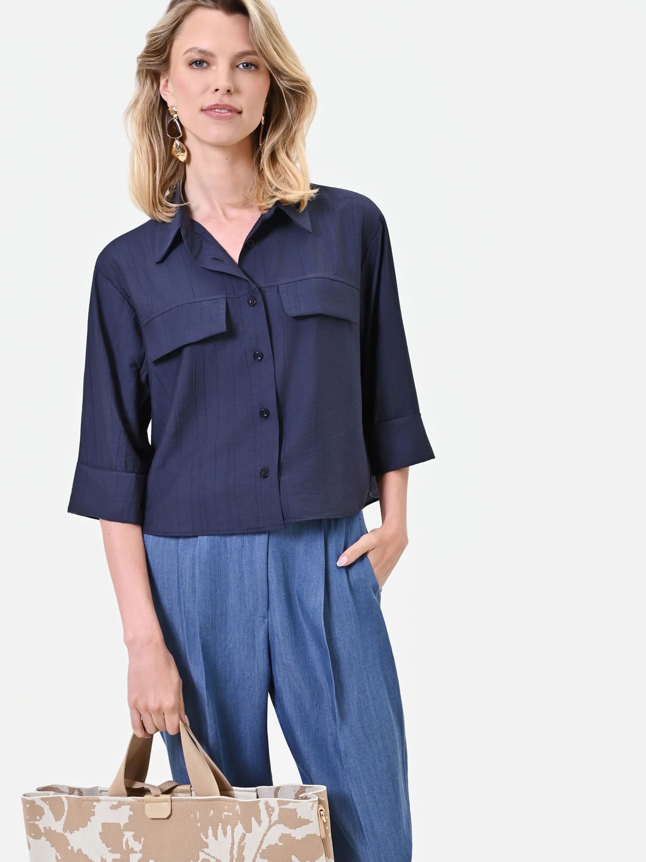Camicia blu taglio boxy in viscosa - Image 6