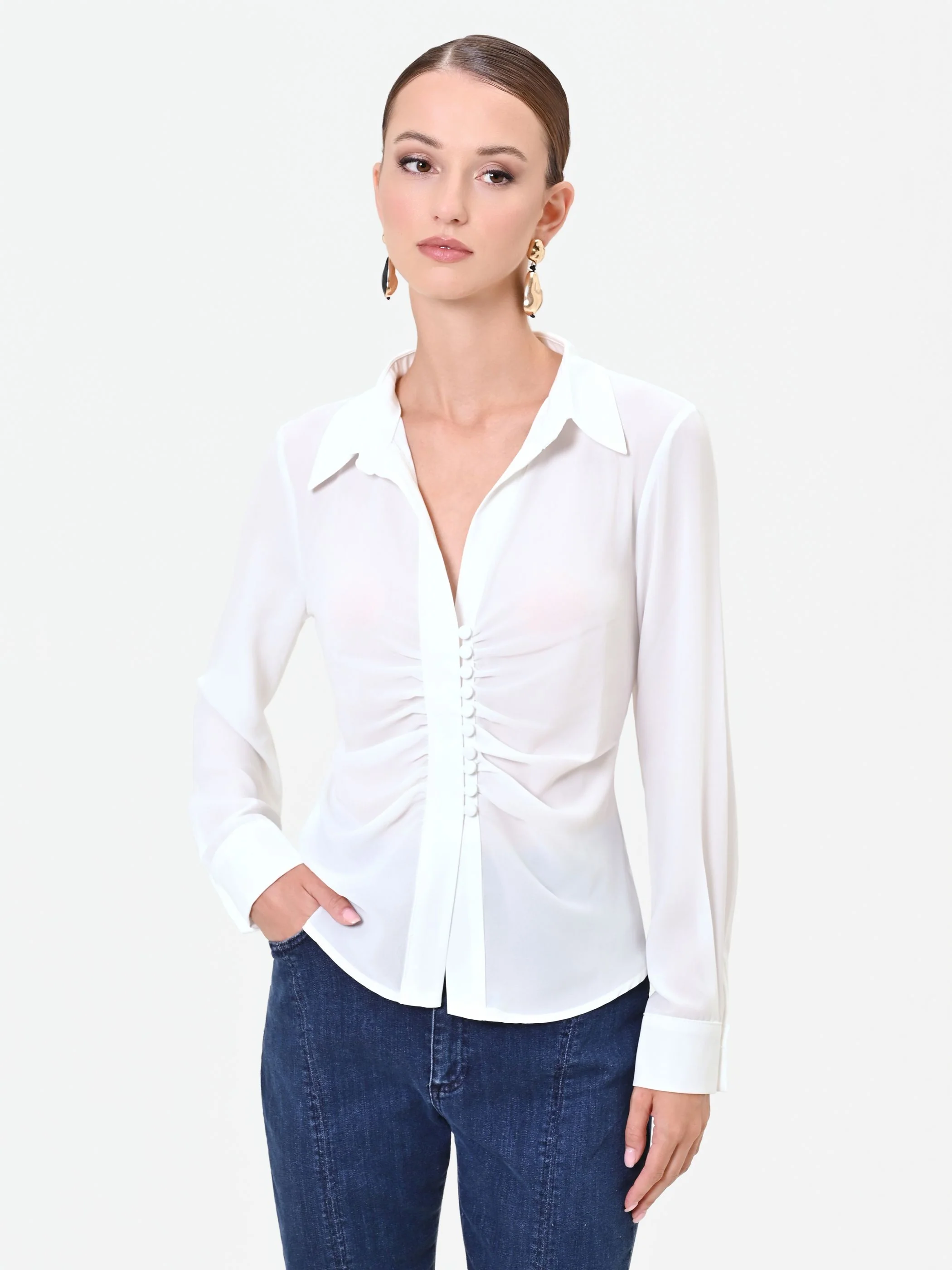 Camicia panna in georgette con drappeggio - Image 5