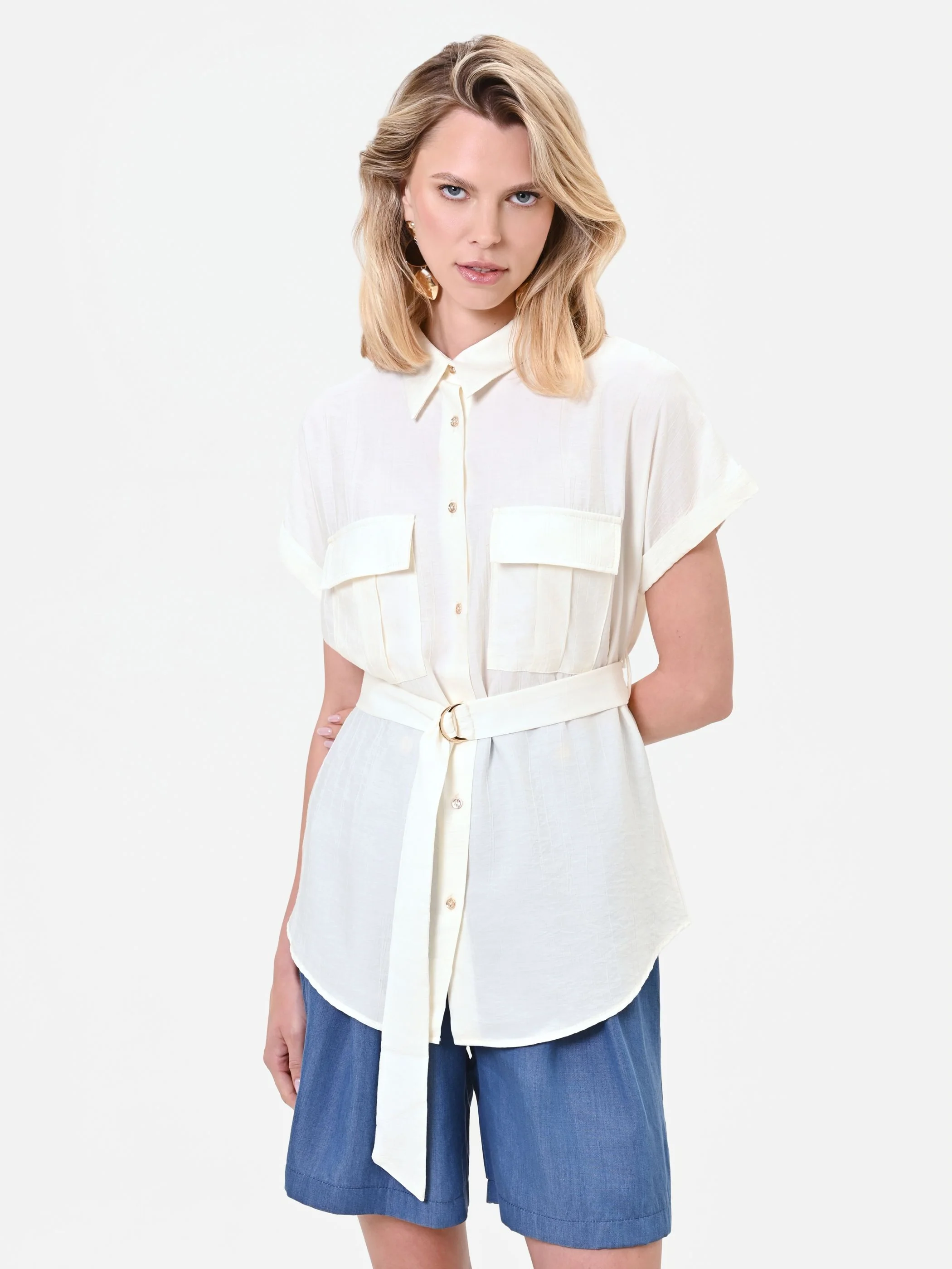 Camicia utility a maniche corte bianco panna - Image 5