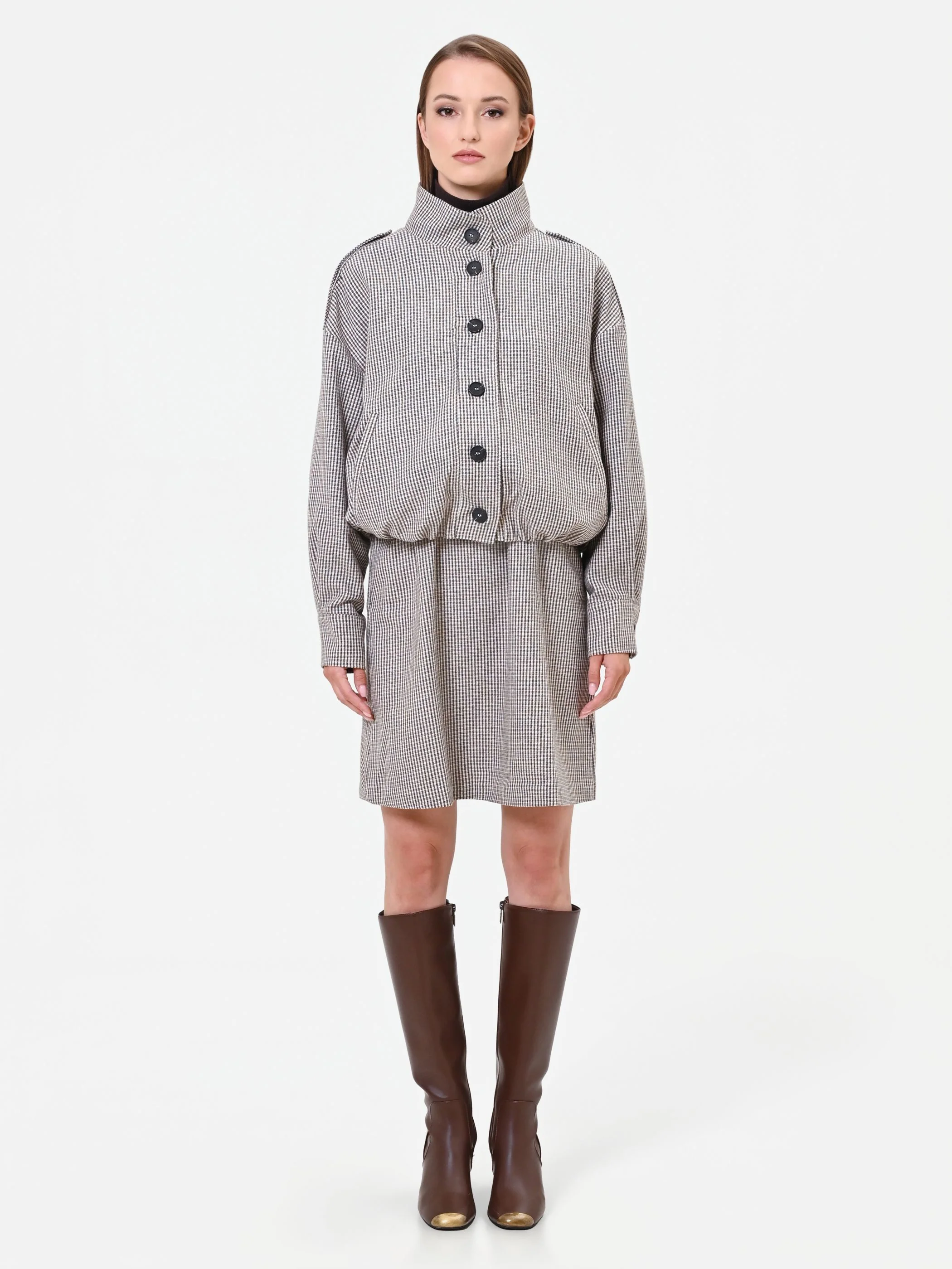 Capospalla blouson pied de poule tortora e beige - Image 2