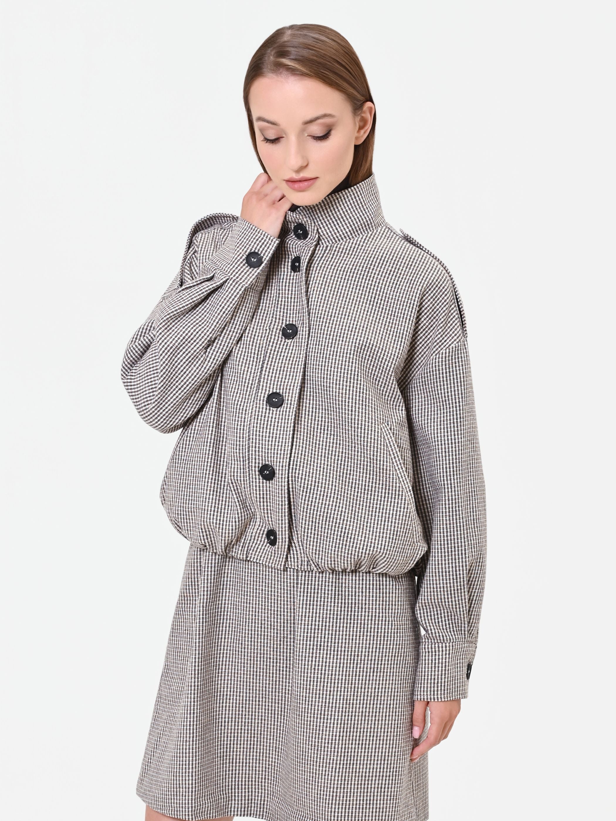 Capospalla blouson pied de poule tortora e beige - Image 5