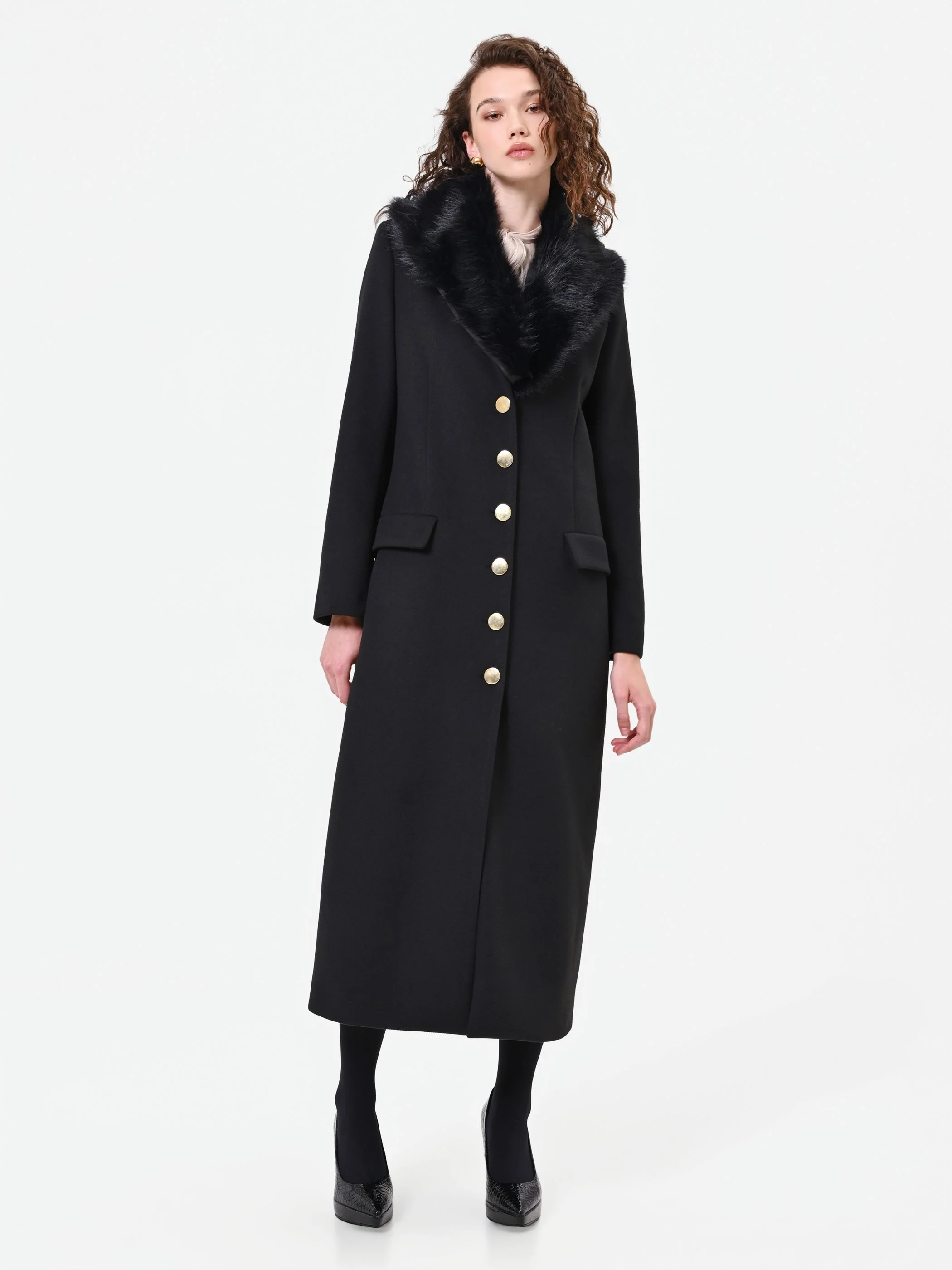 Cappotto lungo nero con inserto effetto pelliccia - Image 4