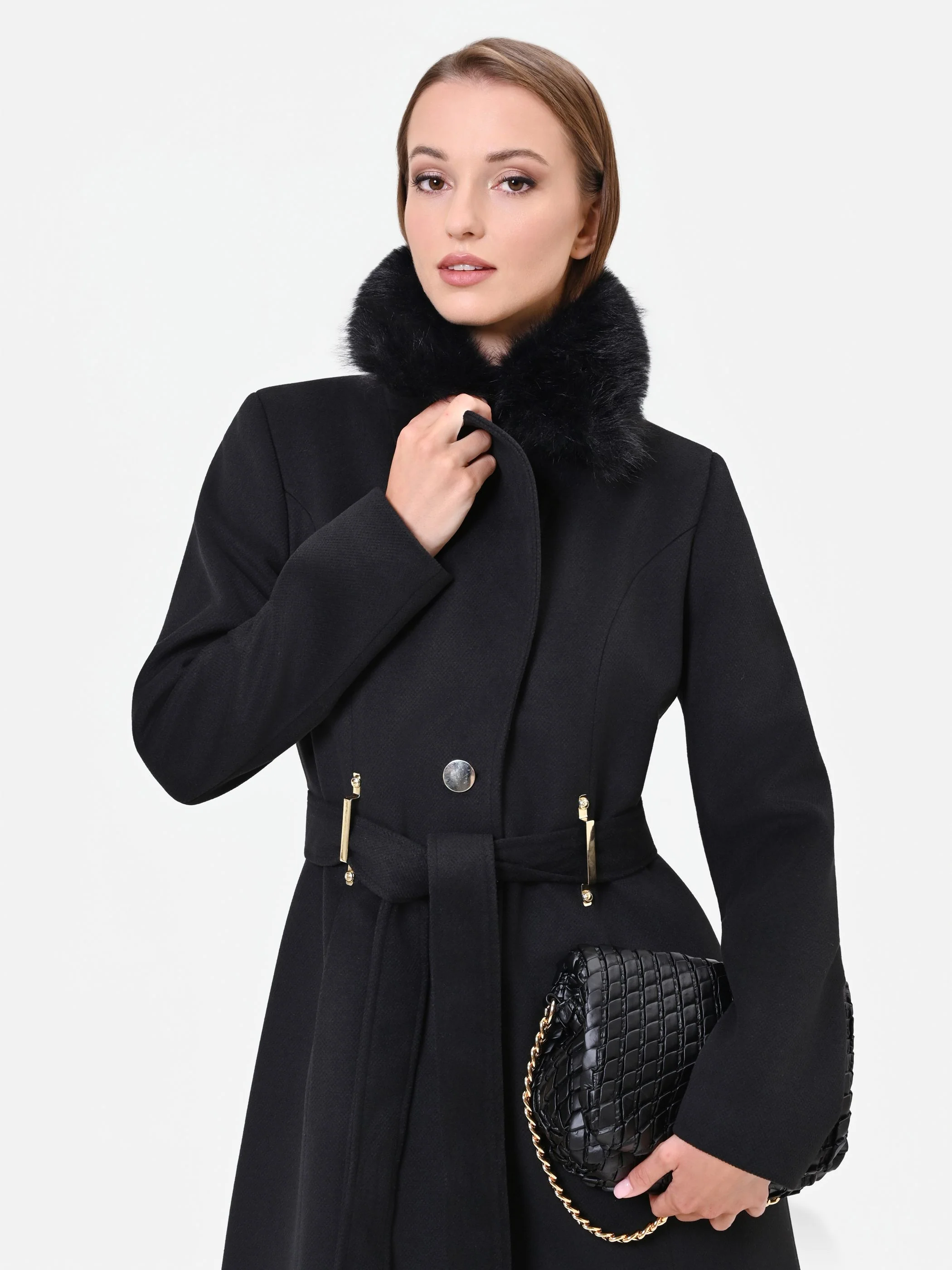 Cappotto nero in velaur con collo effetto pelliccia - Image 3