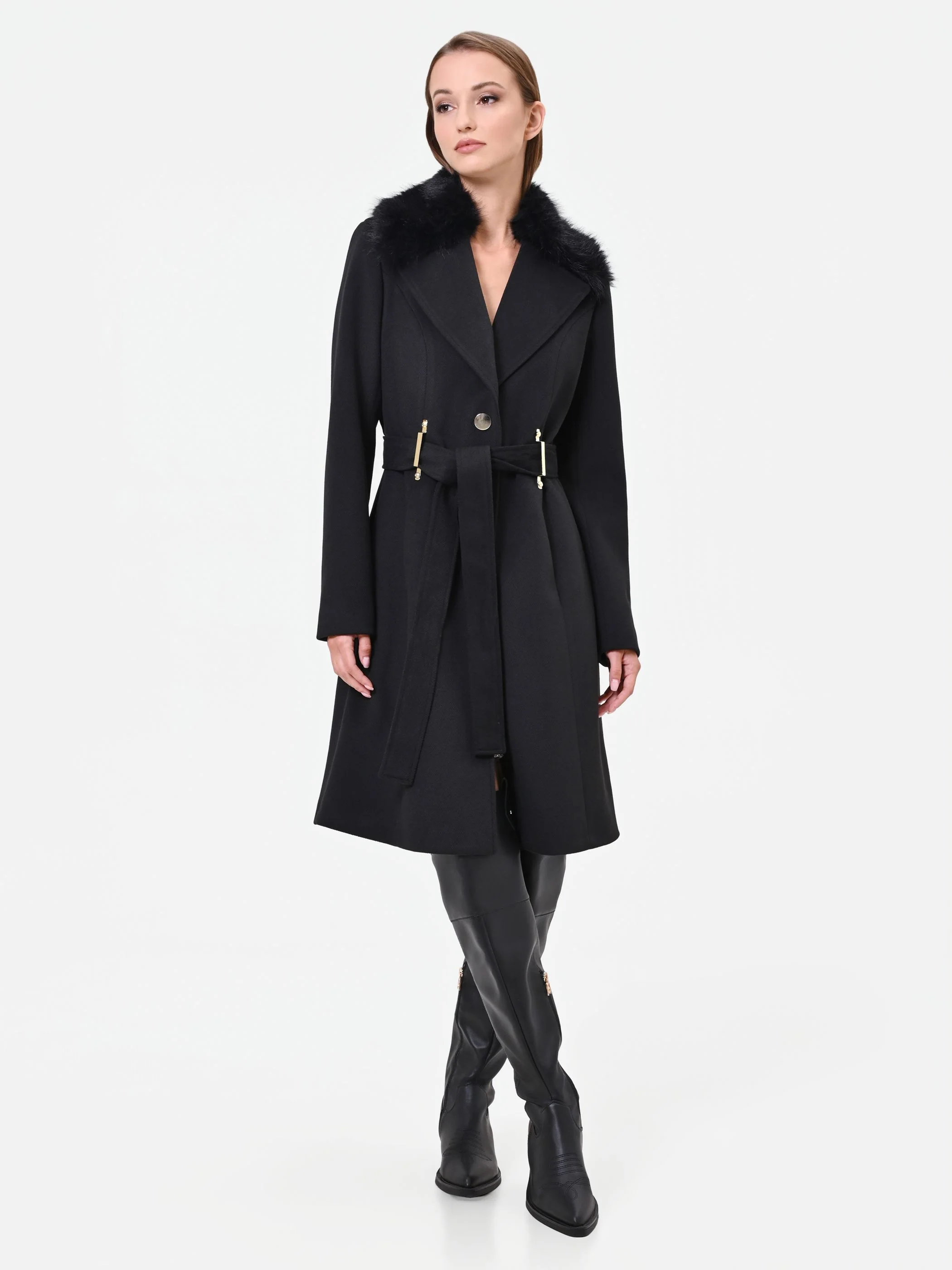 Cappotto nero in velaur con collo effetto pelliccia - Image 5