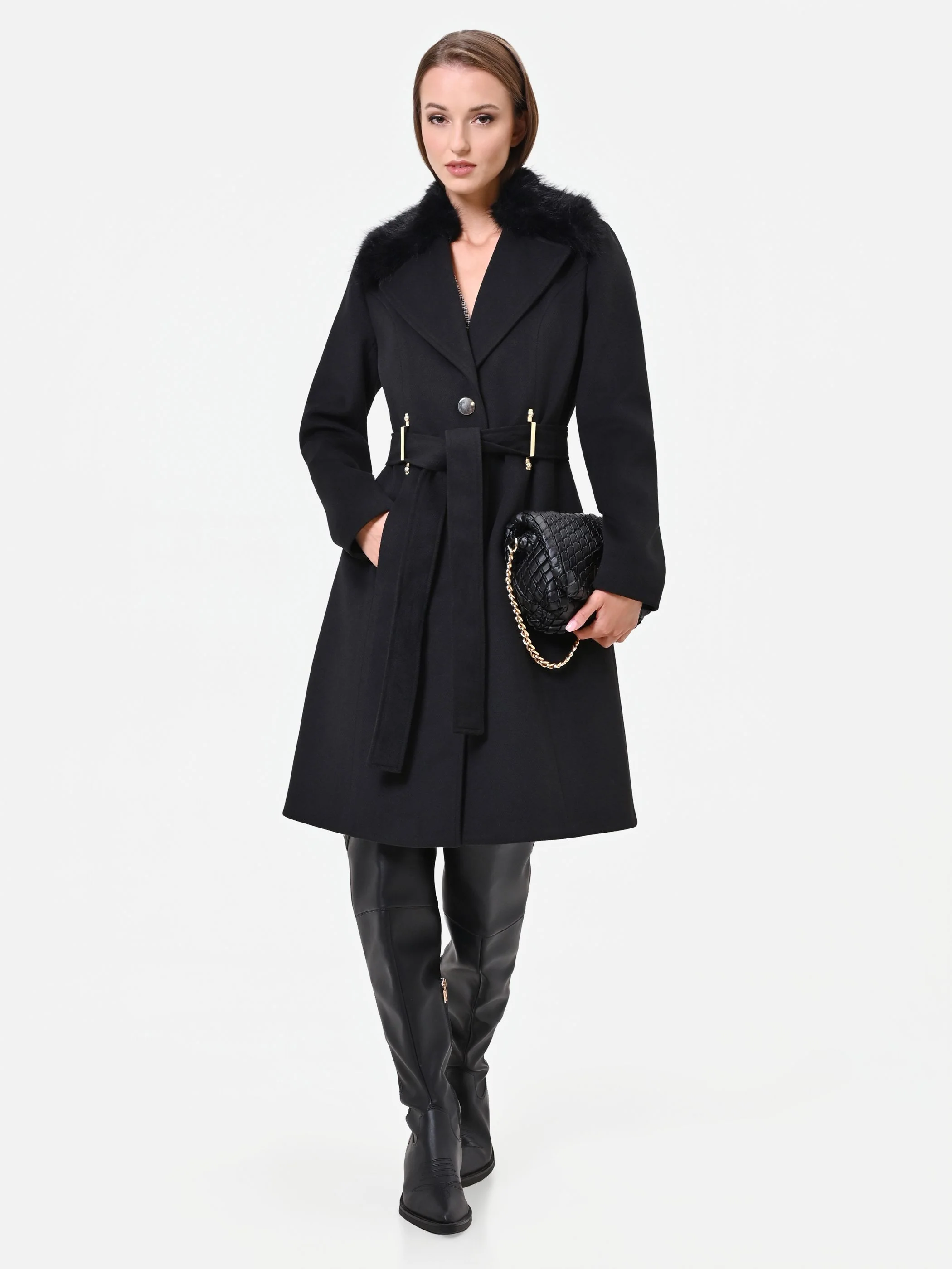 Cappotto nero in velaur con collo effetto pelliccia - Image 6