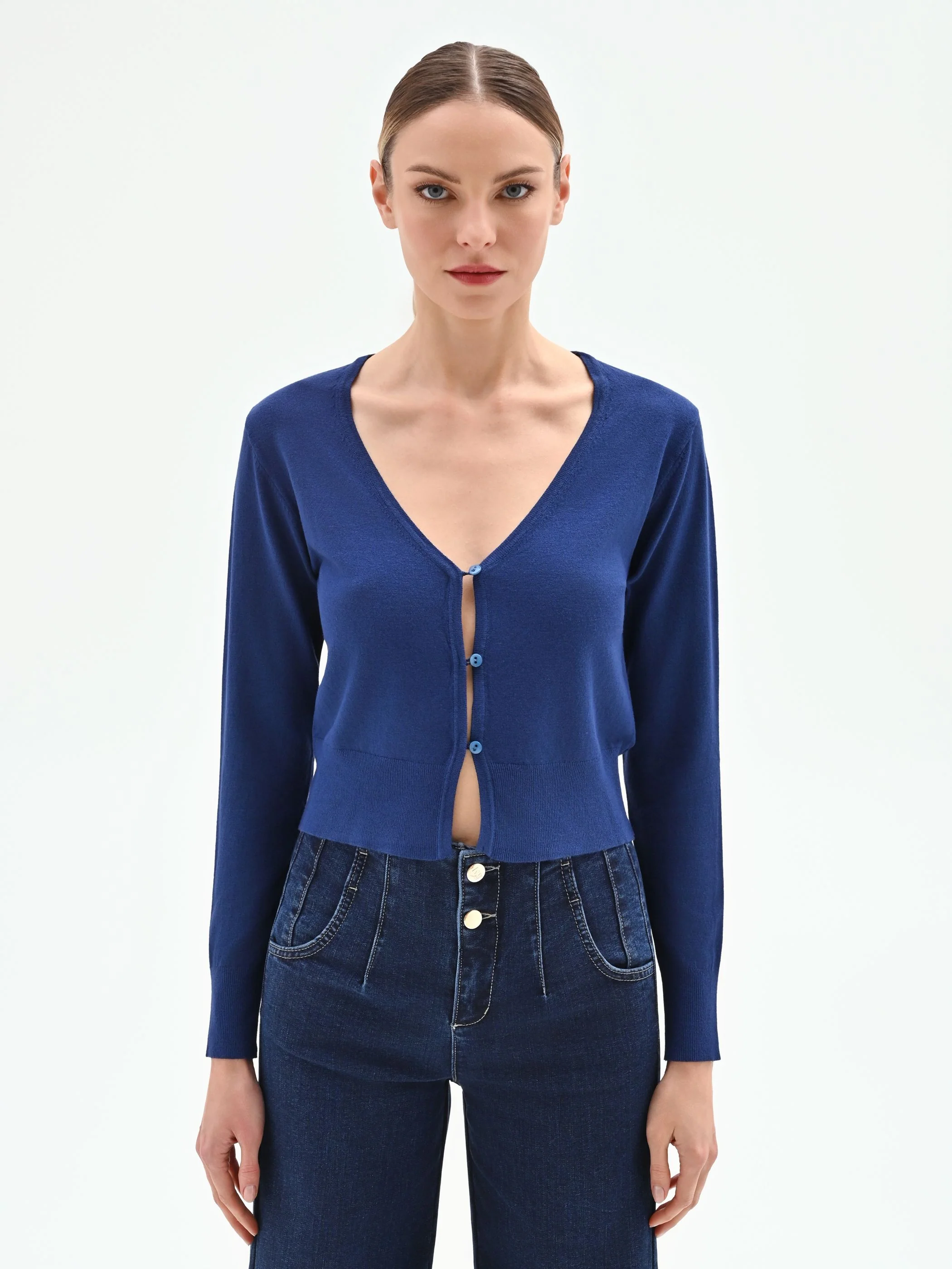 Cardigan blu brillante in maglia fine - Image 2